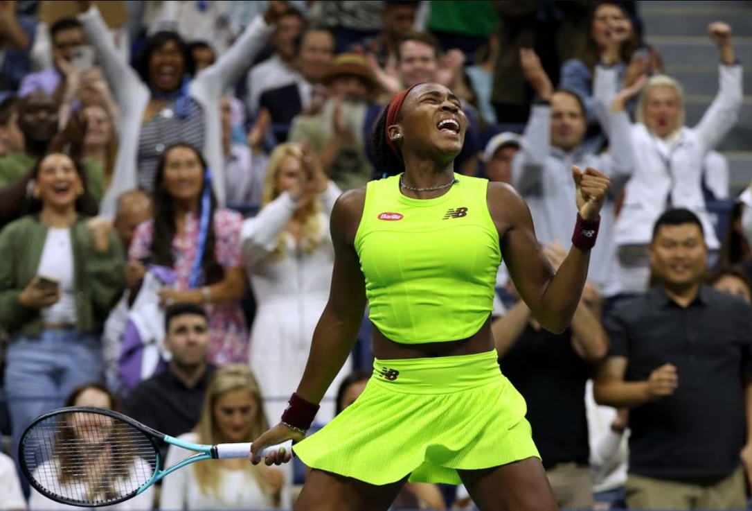 Coco Gauff of the U.S. reacts to winning the second set during her third round match against Belgium's Elise Mertens in New York, Sept. 1, 2023.