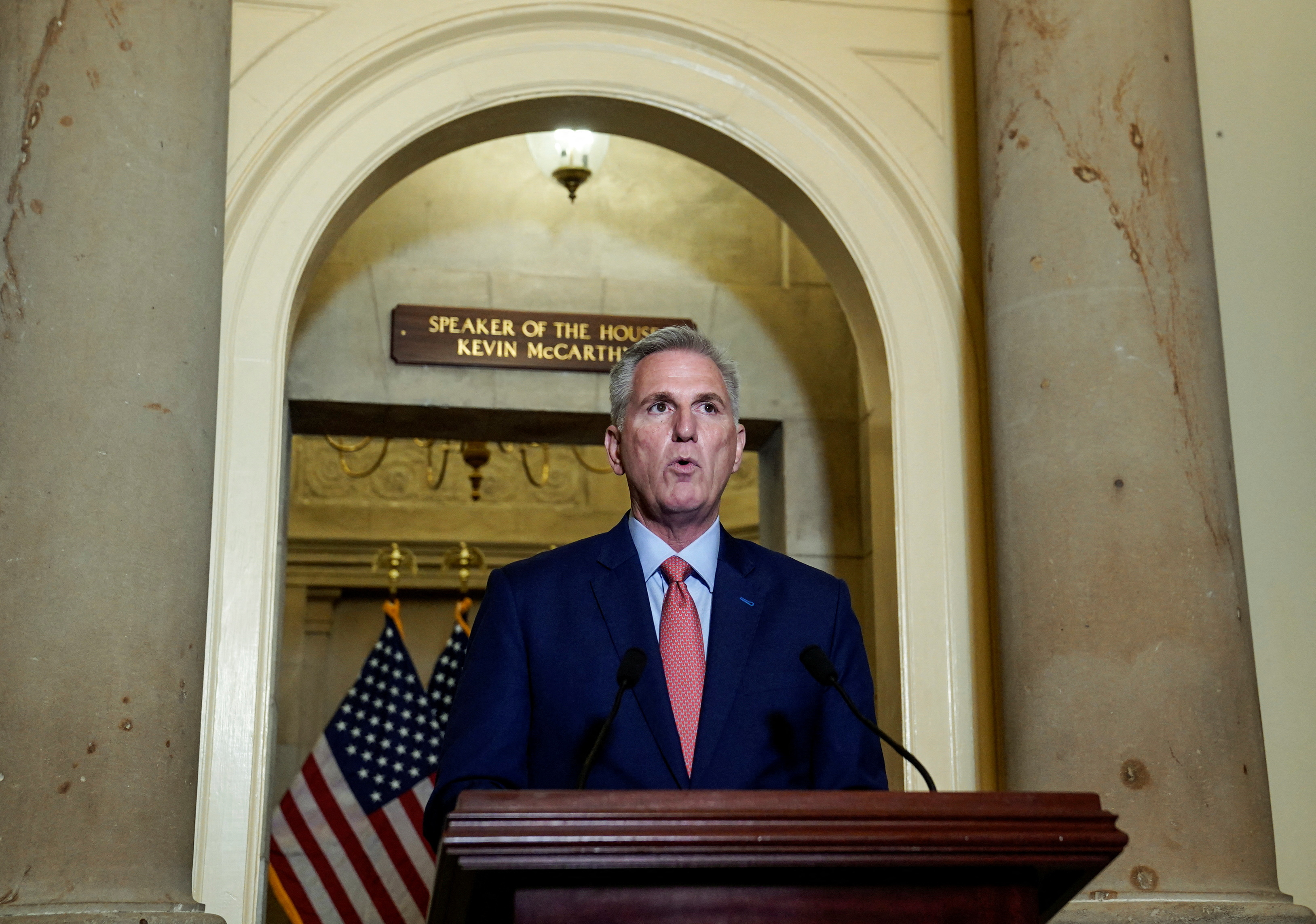 House Speaker Kevin McCarthy, R-Calif., delivers a statement on allegations surrounding President Joe Biden and his son Hunter Biden, as the House of Representatives returns from its summer break facing a looming deadline to avoid a  government shutdown while spending talks continue on Capitol Hill in Washington, D.C., Sept. 12, 2023.