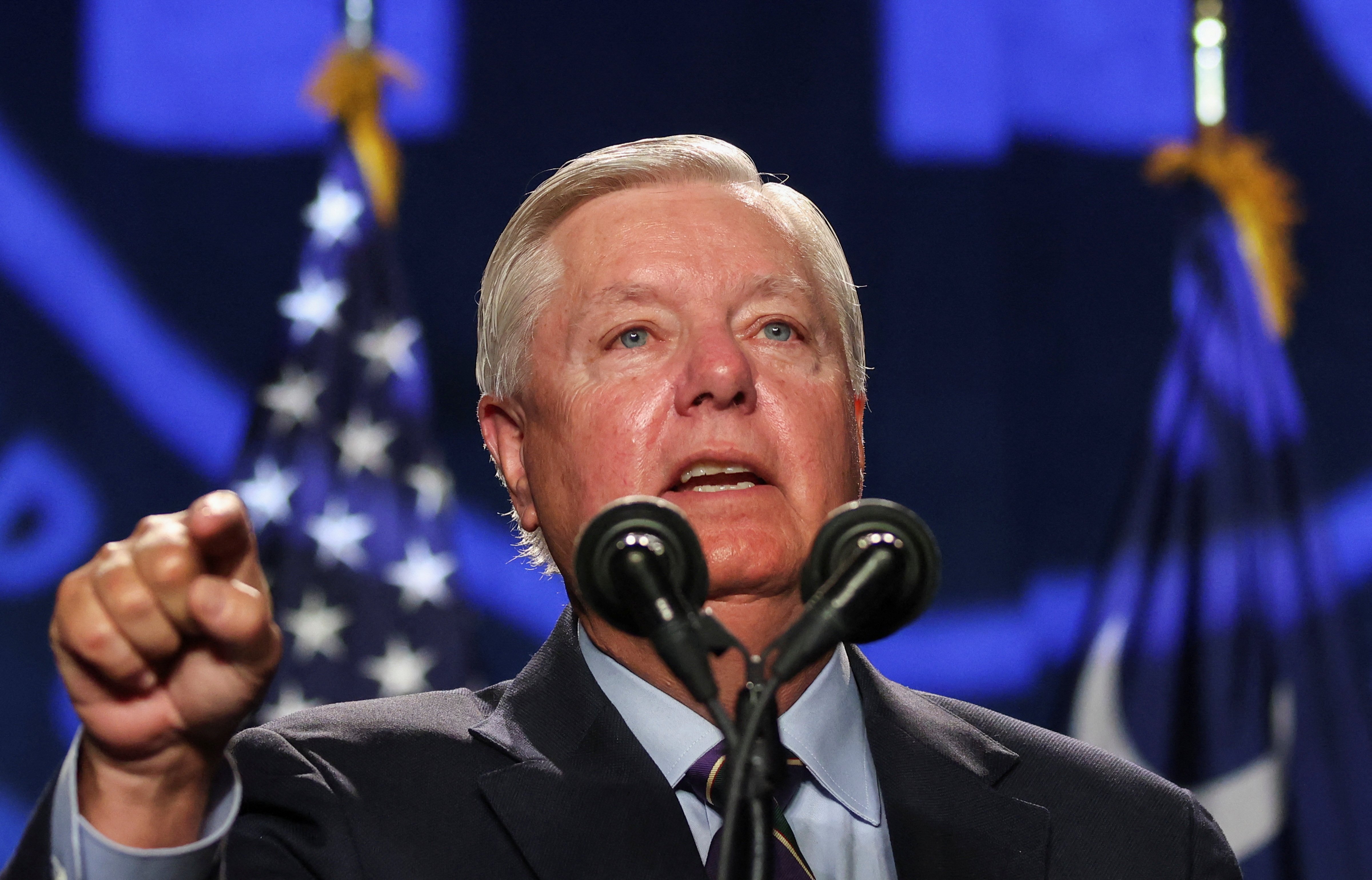U.S. Senator Lindsey Graham (R-SC) speaks at a Republican fundraising dinner in Columbia, South Carolina, U.S. August 5, 2023. REUTERS/Sam Wolfe/File Photo