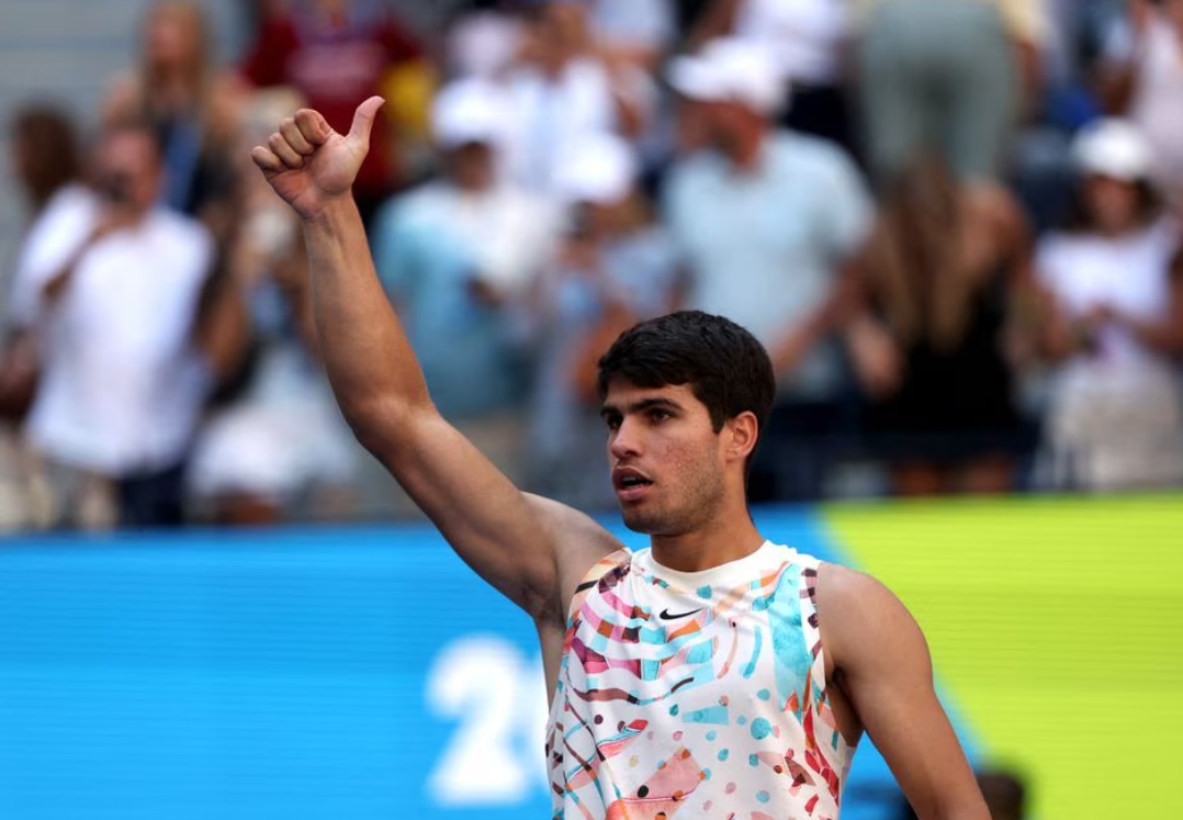 Spain's Carlos Alcaraz celebrates winning his third round match against Britain's Daniel Evans at the U.S. Open in New York, Sept. 2, 2023.