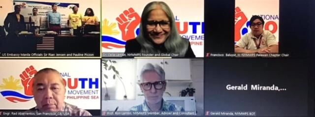 U.S. Embassy officials with National Youth Movement for the West Philippine Sea officers and members:  Dr. Celia Lamkin, Francisco Baluyut, Engr, Rad Abarrientos, Professor Ron Lamkin and Gerald Miranda.