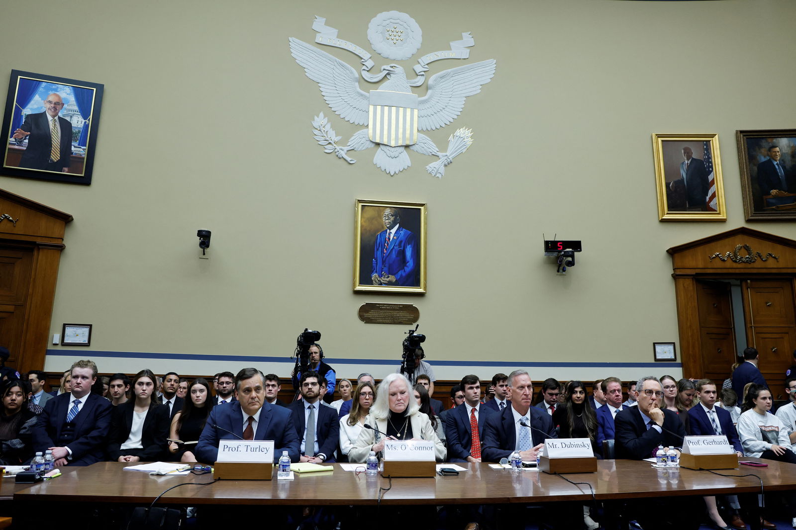 Witnesses Bruce Dubinsky, founder of Dubinsky Consulting; former assistant attorney general Eileen O'Connor, George Washington University Law School professor Jonathan Turley and Michael Gerhardt, professor at the University of North Carolina's law school, attend a House Oversight and Accountability Committee impeachment inquiry hearing into U.S. President Joe Biden, focused on his son Hunter Biden's foreign business dealings, on Capitol Hill in Washington, U.S., September 28, 2023. 