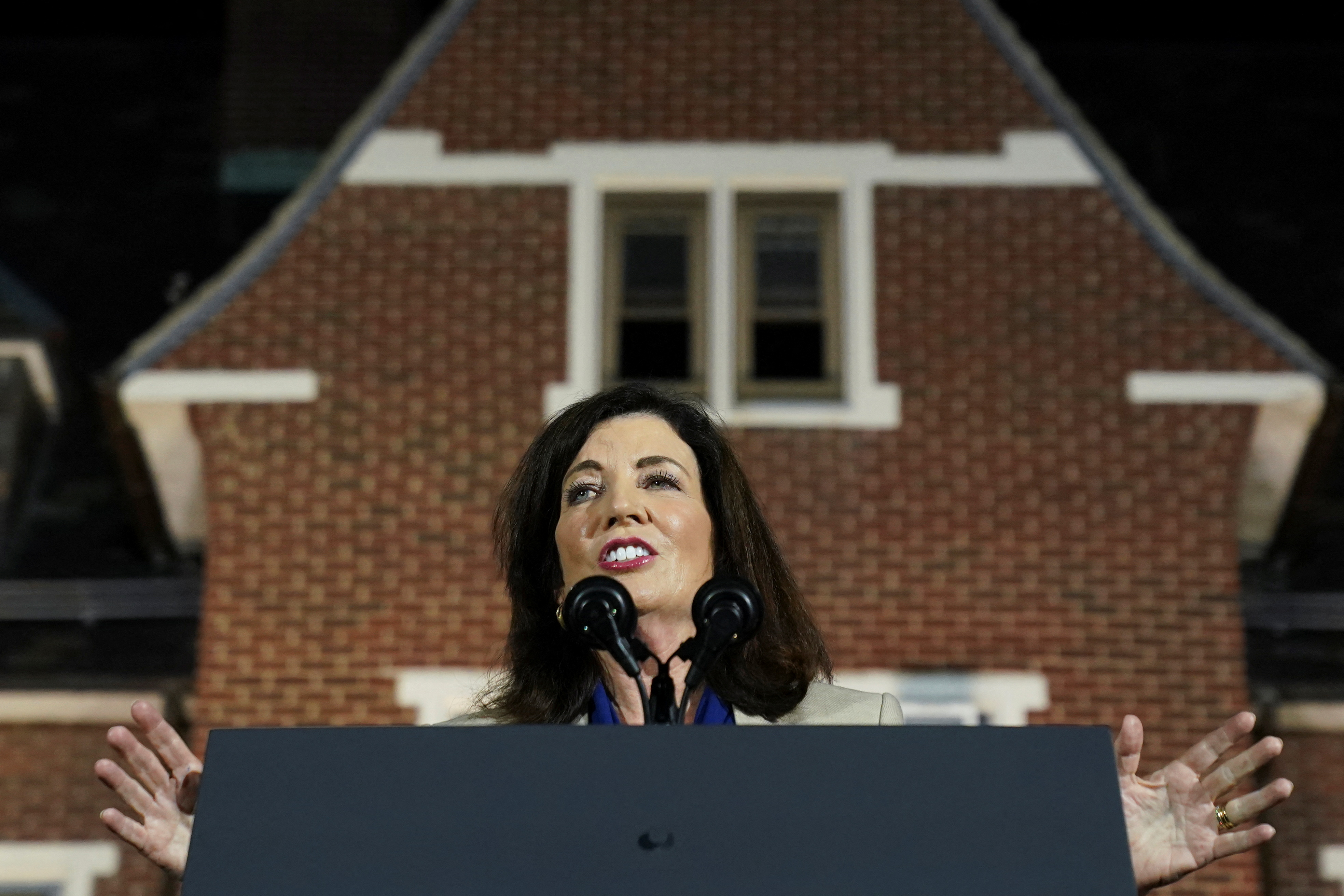 New York Governor Kathy Hochul speaks during a campaign rally with other New York Democrats, in Yonkers, New York, U.S., November 6, 2022. 