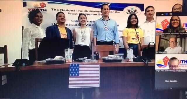 U.S. Embassy officials conduct a hybrid meeting with the National Youth Movement for the West Philippine Sea officers. From left, engineer Reniel Rocaberte, MP Albayda, Pauline Riczon, Rian Jensen, Chinalyn Belidan, Billy Alindogan, Eugenio Bitoon-on Jr., Dr. Celia Lamkin, Eduardo Mañalac and engineer Rad Abarrientos. Not in photo: Professor Ron Lamkin.