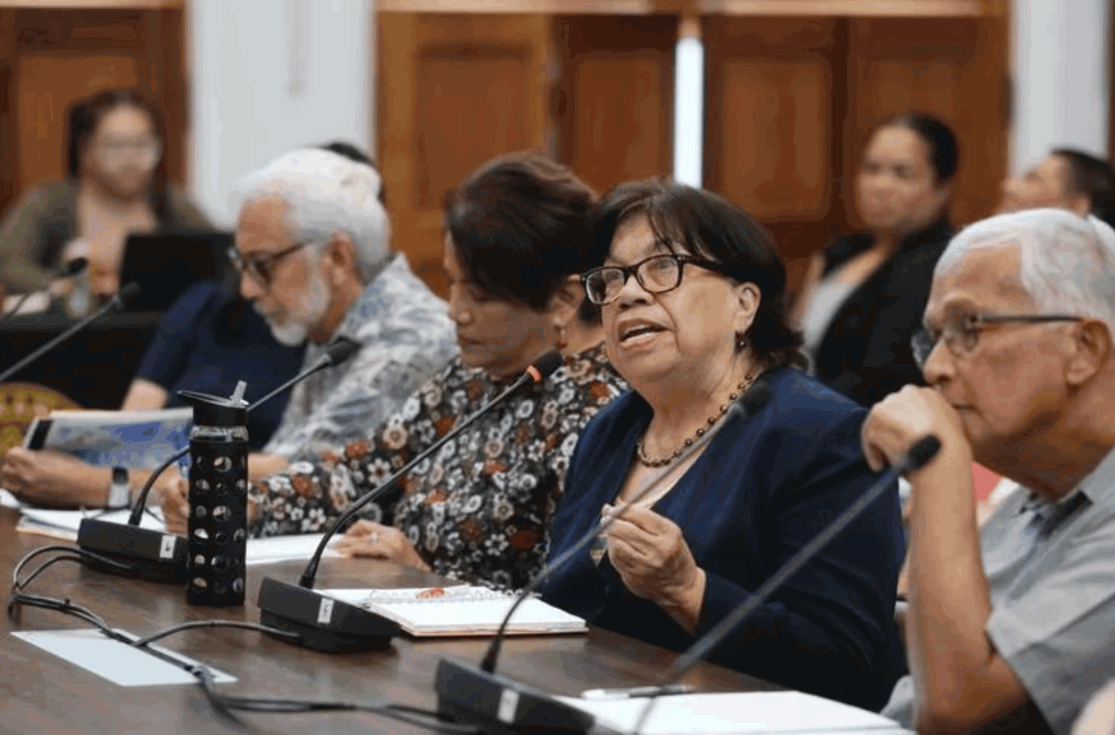 Carlotta Leon Guerrero, third from left, the governor's adviser for military and regional affairs, gives testimony on the proposed 360-degree missile defense system during a legislative town hall at the Guam Congress Building in Hagåtña July 17, 2023.