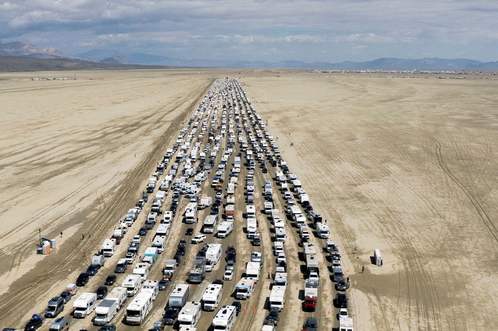 Vehicles are seen departing the Burning Man festival in Black Rock City, Nevada, U.S., September 4, 2023. REUTERS/Matt Mills McKnight