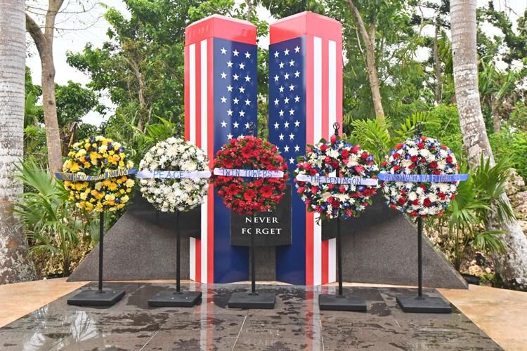 The Sept. 11 Memorial with wreaths after the Peace Ceremony & Tribute  in remembrance of Sept. 11 Monday Sept. 11, 2023 in Harmon. 