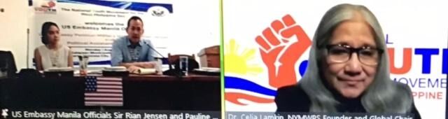 Dr. Celia Lamkin, founder and global chairperson of the National Youth Movement for the West Philippine Sea, meets virtually with U.S. Embassy officials Rian Jensen and Pauline Riczon.