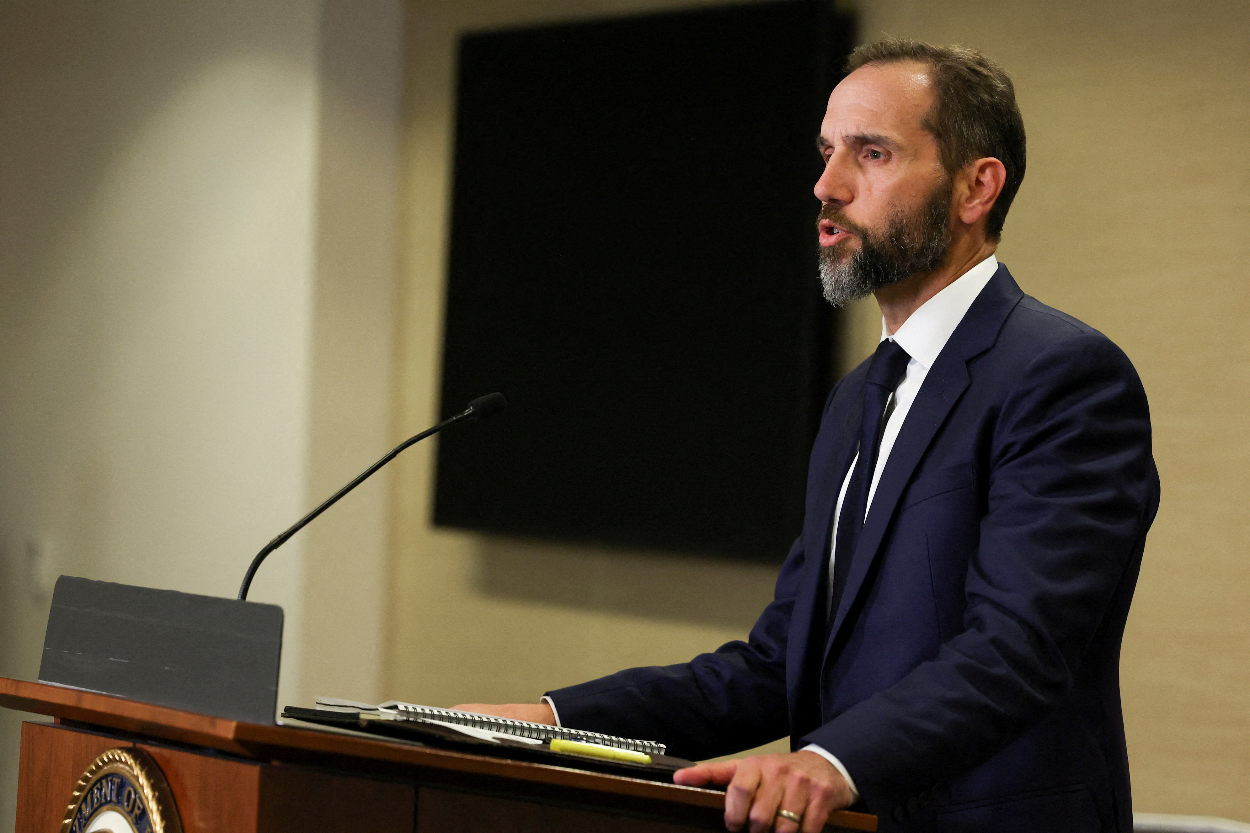 U.S. Special Counsel Jack Smith makes a statement to reporters after a grand jury returned an indictment of former U.S. President Donald Trump in the special counsel's investigation of efforts to overturn his 2020 election defeat, at Smith's offices in Washington, U.S., August 1, 2023. 