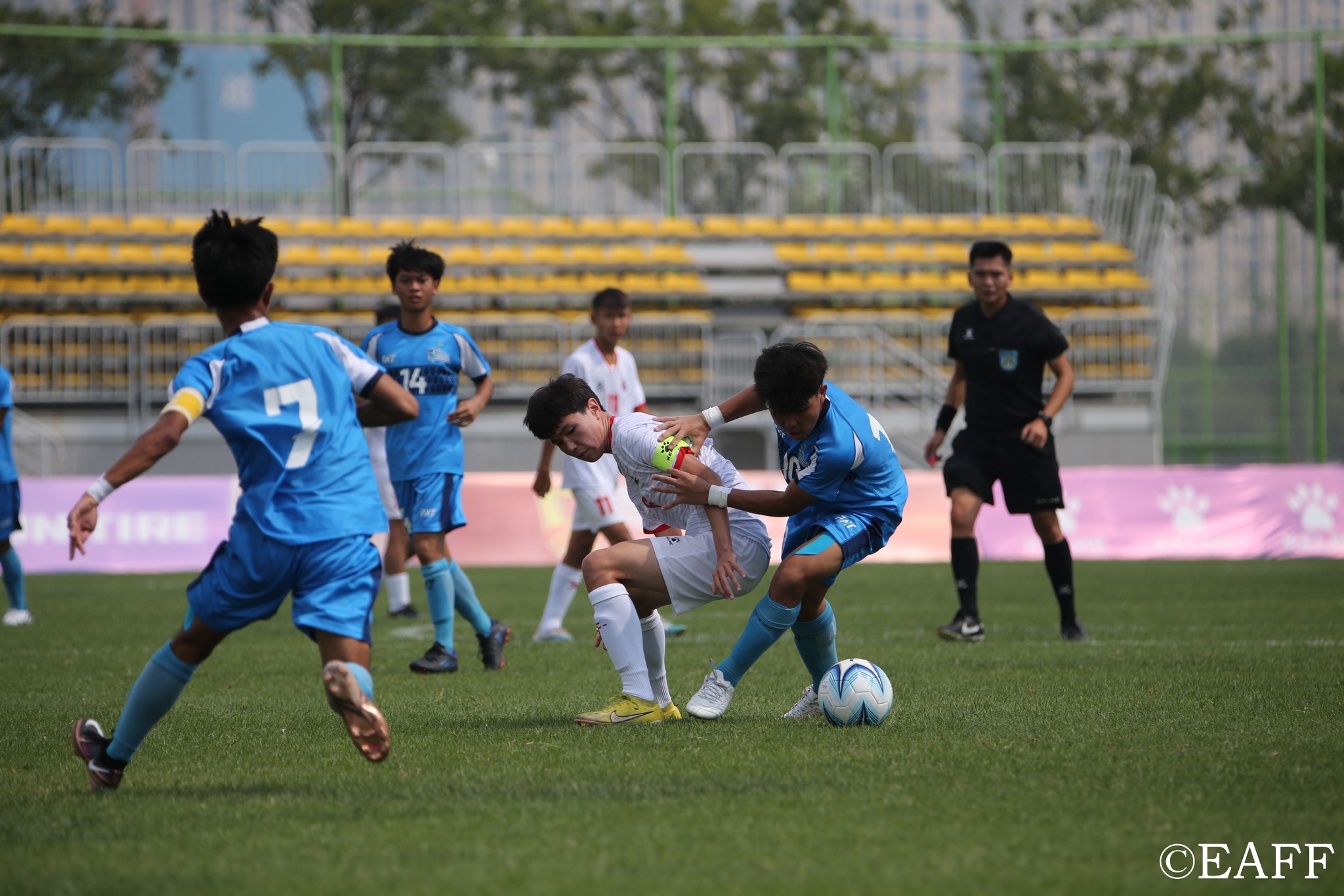 The NMI’s Paul Lizama intercepts the possession against Mongolia in an East Asian Football Federation U15 Men’s Championships game on Friday  at the  Qingdao Baisha Bay Football Centre in Qingdao, China.