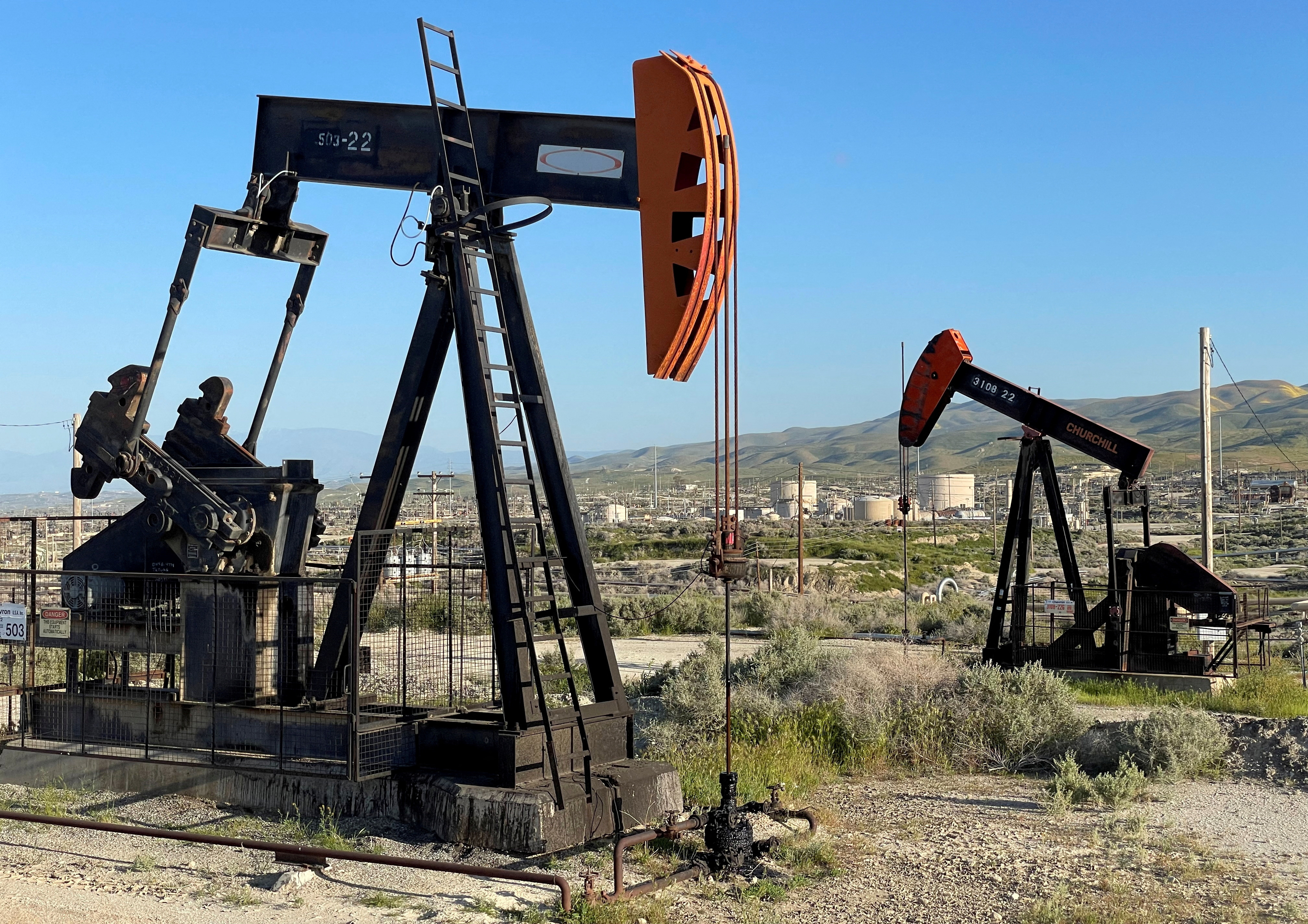 A general view of oil drilling equipment on federal land near Fellows, California, U.S., April 15, 2023. 