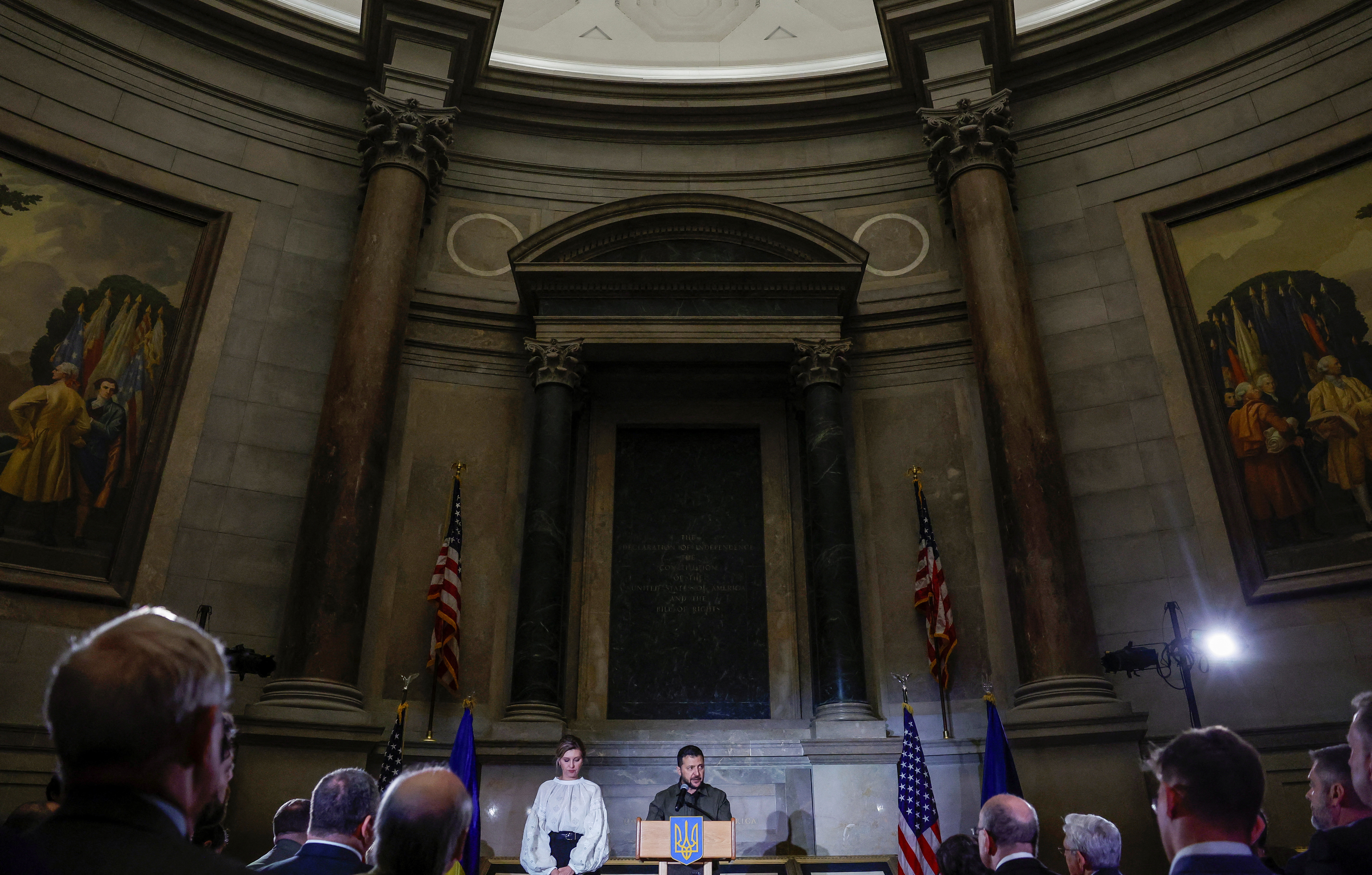 President of Ukraine Volodymyr Zelenskiy thanks Americans for their support of Ukraine in the war with Russia, alongside his wife Olena Zelenska, during a speech at the National Archives in Washington, U.S., September 21, 2023. 