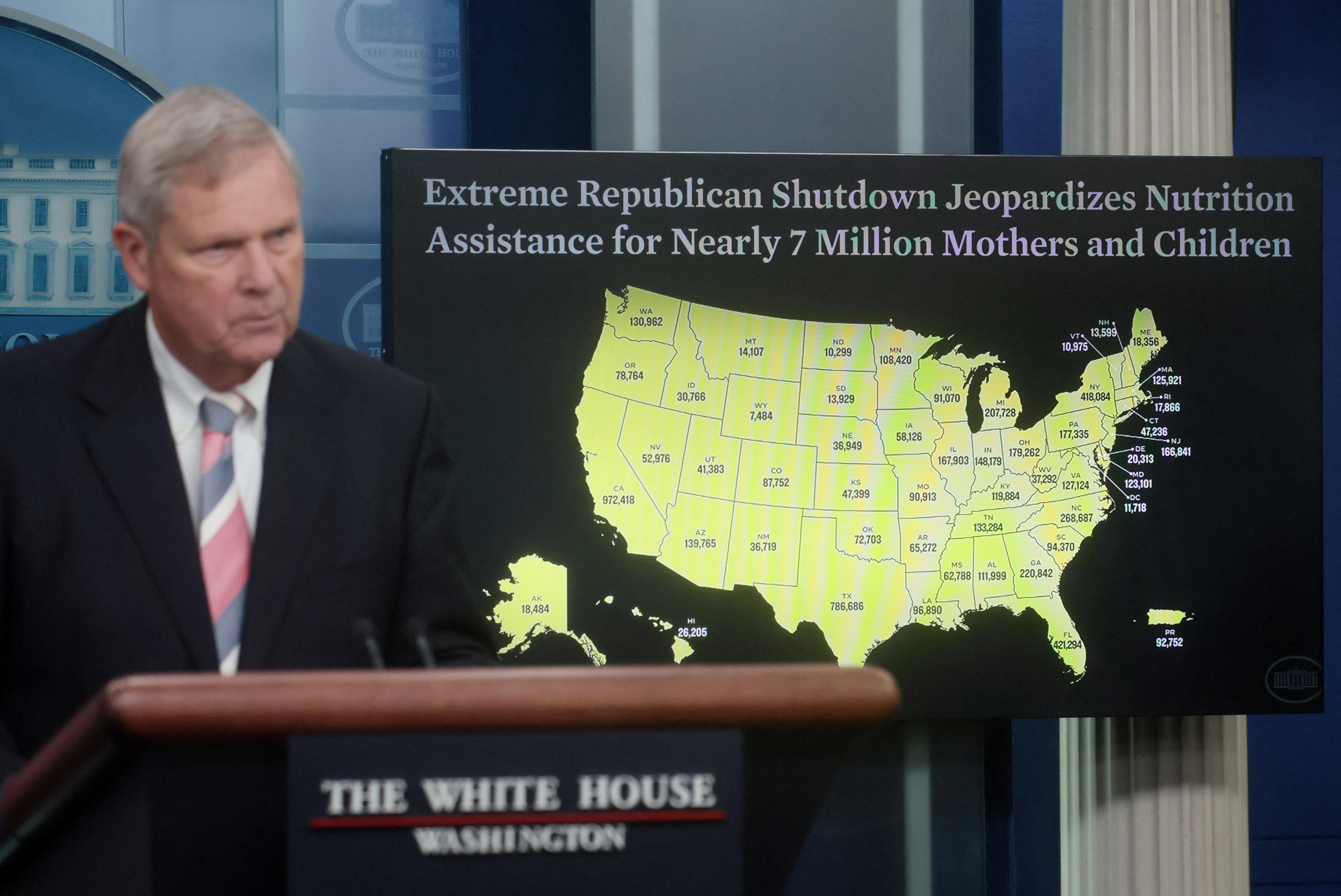 U.S. Department of Agriculture Secretary Tom Vilsack speaks about a possible government shutdown during a press briefing at the White House in Washington, U.S., September 25, 2023. 