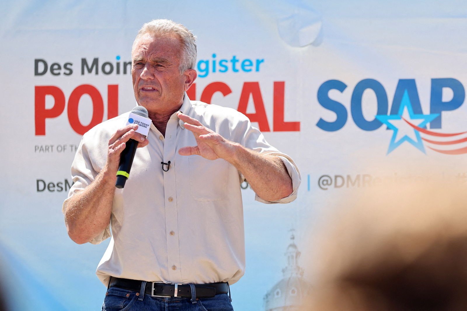 Democratic presidential candidate Robert F. Kennedy Jr. delivers his political soapbox speech at the Iowa State Fair in Des Moines, Iowa, U.S. August 12, 2023. 