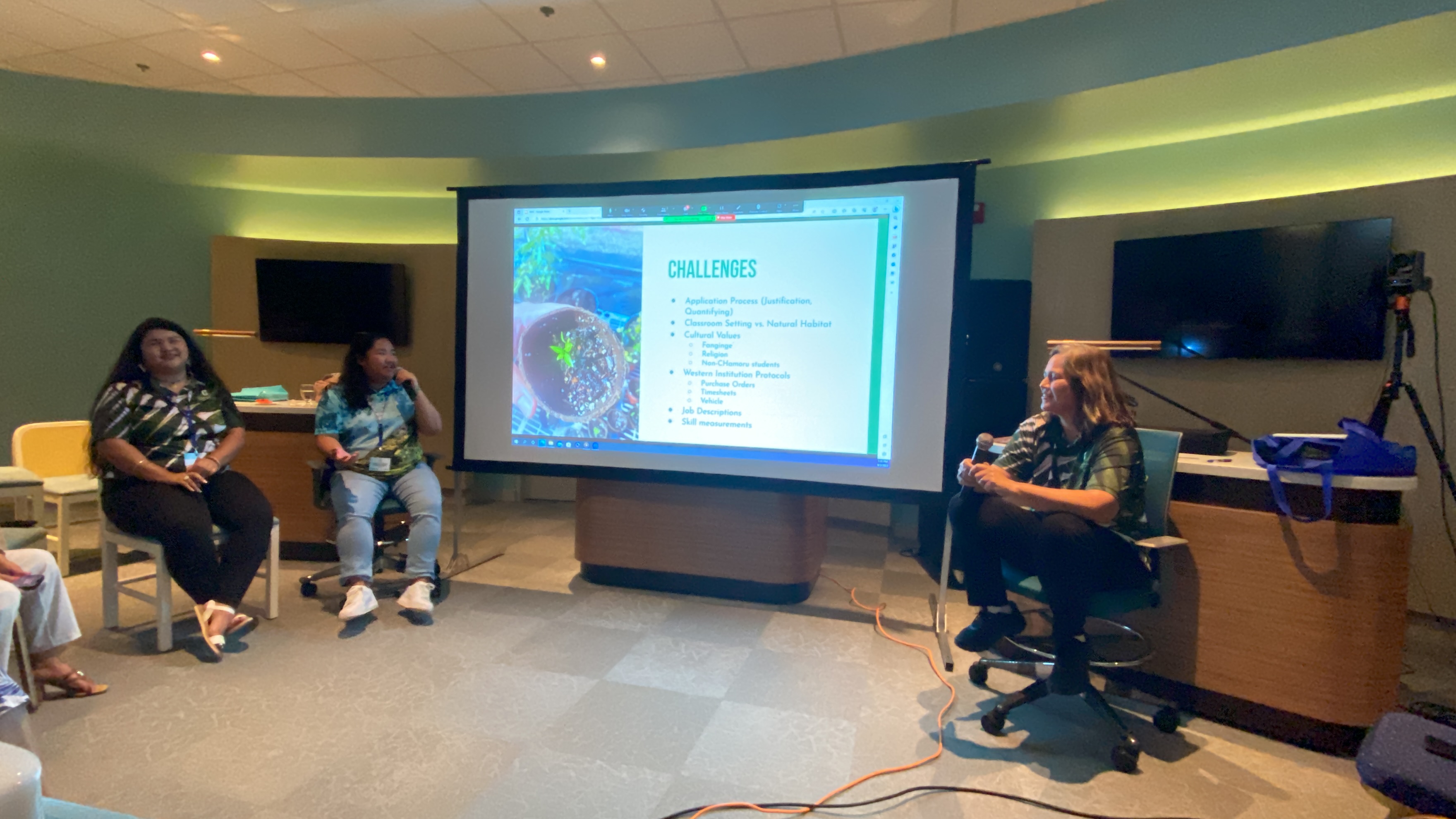 From left, Chauntae Quichocho, Caley Jay Chargualaf, and Dr. Tricia Lizama share the challenges and successes of teaching traditional Chamorro medicine in a Western institution.