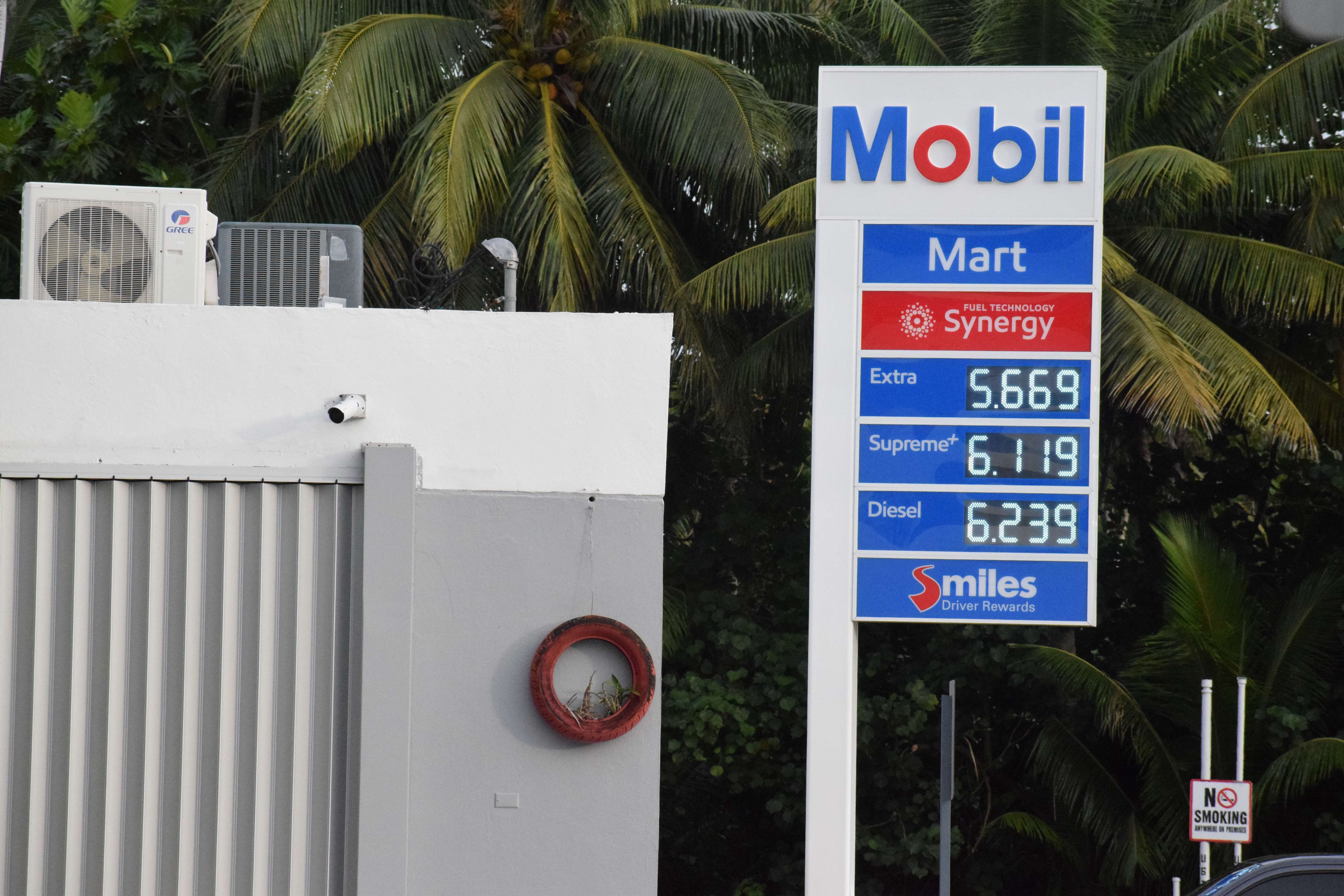 Mobil Oil Marianas in Chalan Kiya displays its new prices on Wednesday.