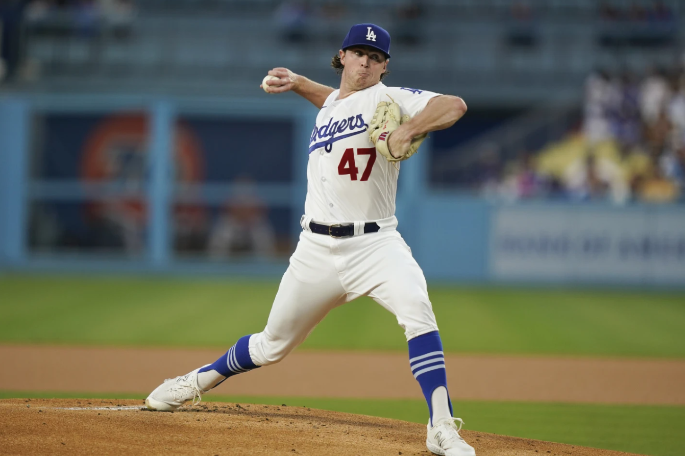 Los Angeles Dodgers starting pitcher Ryan Pepiot throws during the first inning of a baseball game against the Arizona Diamondbacks, Wednesday, Aug. 30, 2023 in Los Angeles.