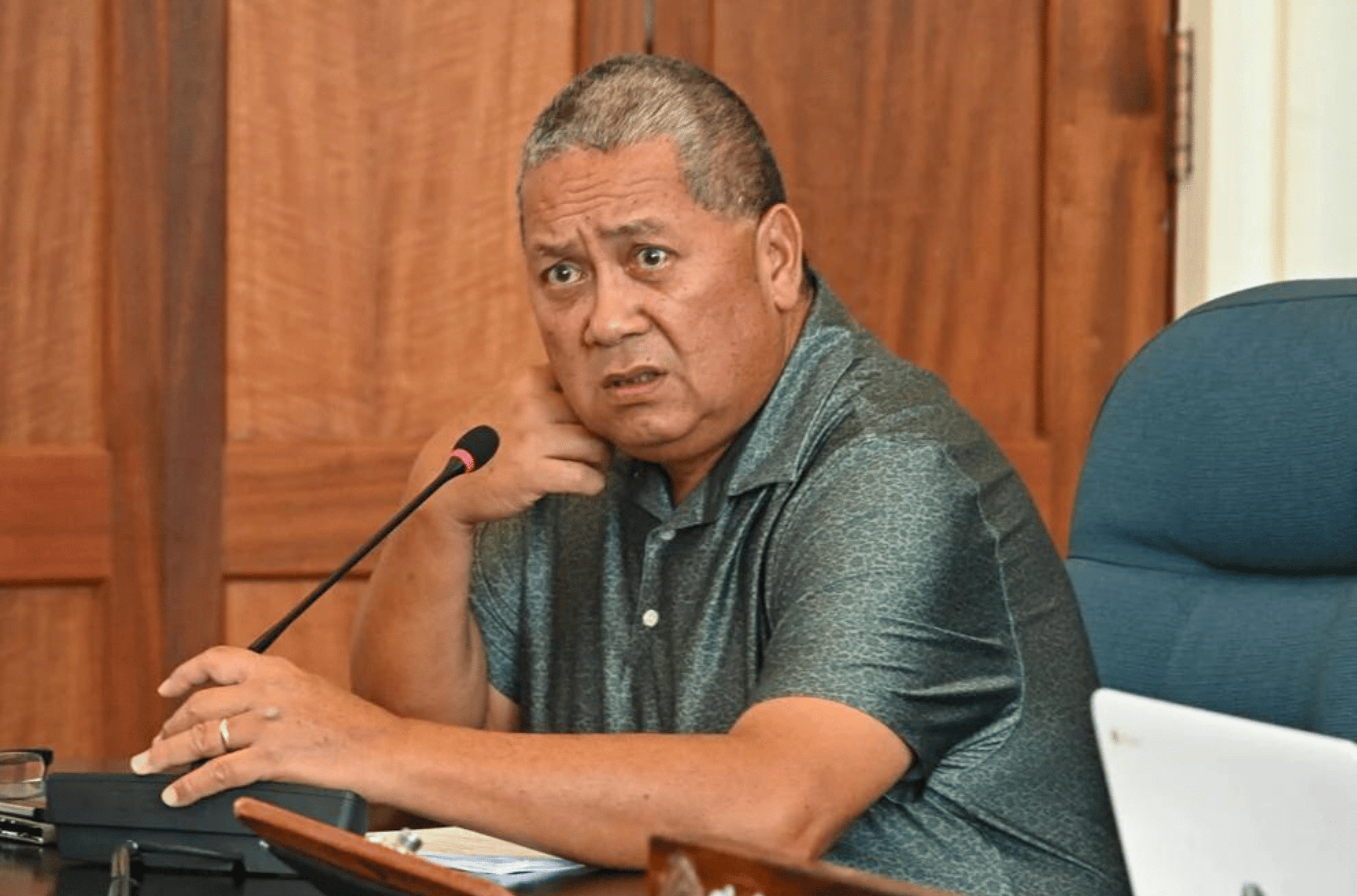 Sen Frank Blas Jr. asks a question about an amendment during budget hearings Tuesday Aug. 29, 2023 in the Session Hall of the Guam Congress Building in Hagåtña.