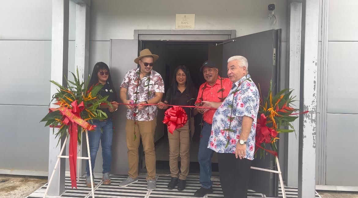 From left, Tinian Diamond Accounting Manager Rose Masga, Hotel and F&B Manager Clint Albert, Compliance Officer/ Acting Human Resources Officer Gemma Chong, Tinian Mayor Edwin P. Aldan, and Casino Operations Manager Michael Mascio. Tinian Diamond Suites held a soft opening/ribbon-cutting ceremony on Sept 1.