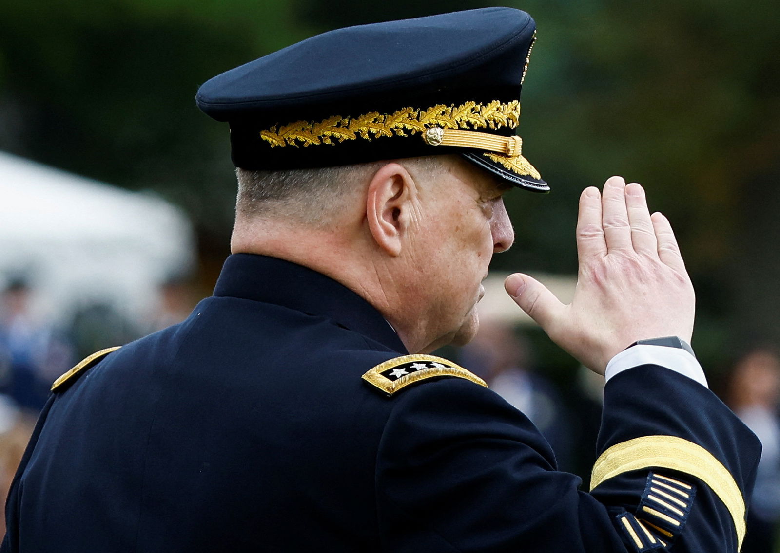 U.S. General Mark Milley, the 20th Chairman of the Joint Chiefs of Staff, salutes on the day of the Armed Forces Farewell Tribute in honor of General Milley and an Armed Forces Hail in honor of incoming Joint Chiefs Chair General Charles Brown, at Summerall Field at Joint Base Myer-Henderson Hall, Arlington, Virginia, U.S., September 29, 2023. 