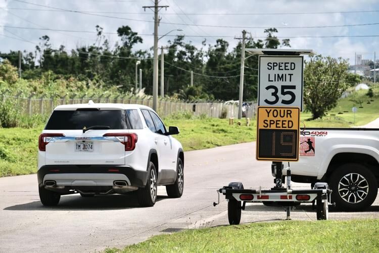 A demonstration is held Friday, Sept. 22, 2023, outside the Guam Police Department Headquarters in Tiyan, Barrigada, for the department's new radar digital speed display. 