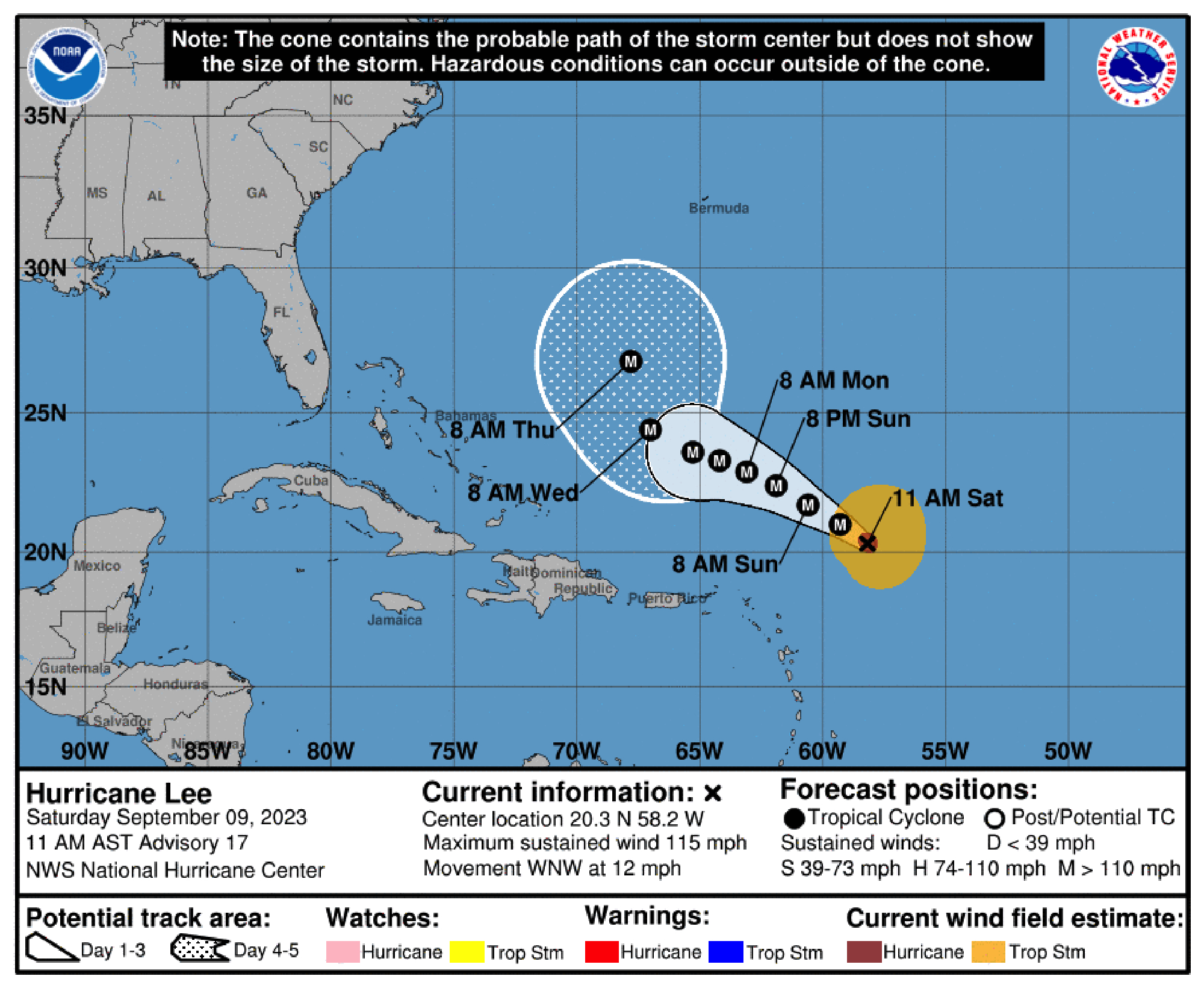 Hurricane Lee should maintain its strength as a Category 3 hurricane Saturday, and is expected to strengthen again into a major hurricane by Monday. (National Hurricane Center/TNS)