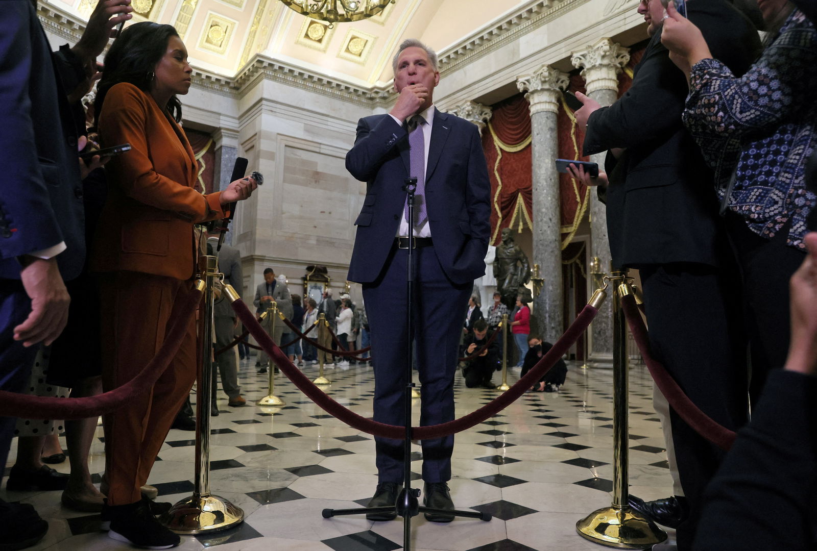 U.S. House Speaker Kevin McCarthy speaks to members of the media as the deadline to avert a government shutdown approaches on Capitol Hill in Washington, U.S., September 26, 2023. 