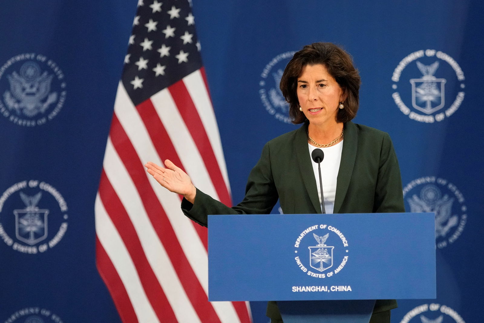 U.S. Secretary of Commerce Gina Raimondo attends a press conference at the Boeing Shanghai Aviation Services near the Shanghai Pudong International Airport, in Shanghai, China August 30, 2023. REUTERS/Aly Song