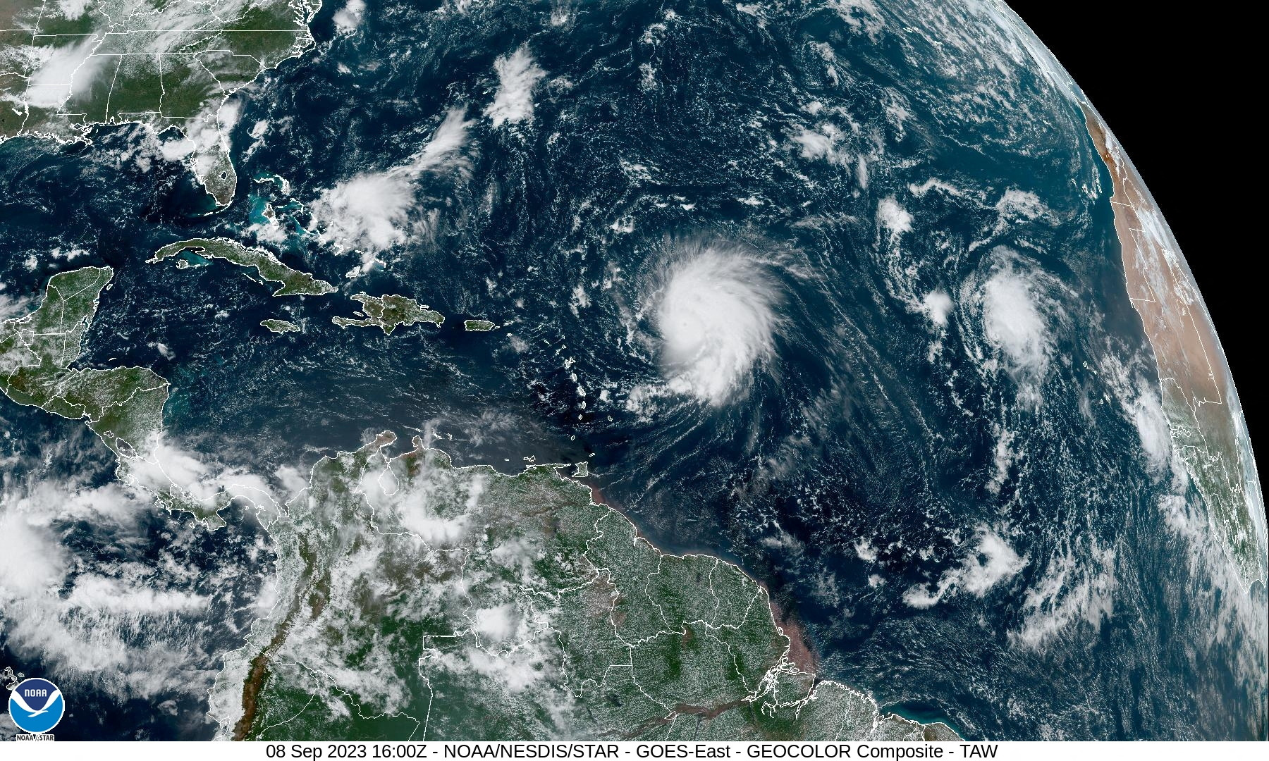 A composite image shows Hurricane Lee churning towards the Caribbean after intensifying into a major storm, September 8, 2023. National Oceanic and Atmospheric Administration (NOAA)/Handout REUTERS