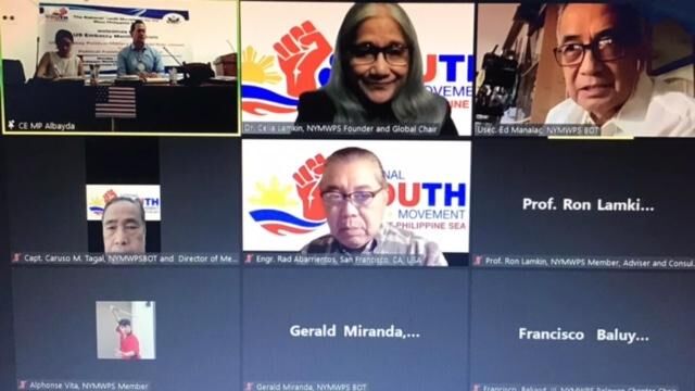 U.S. Embassy officials and National Youth Movement for the West Philippine Sea officers conduct a hybrid meeting. From left,  Pauline Riczon, Rian Jensen, Dr. Celia Lamkin, Ed Mañalac, Capt. Caruso Mario Antonio Tagal, engineer Rad Abarrientos, Alphonse Vita. Not in photo: Professor Ron Lamkin, Gerald Miranda and Francisco Baluyut.
