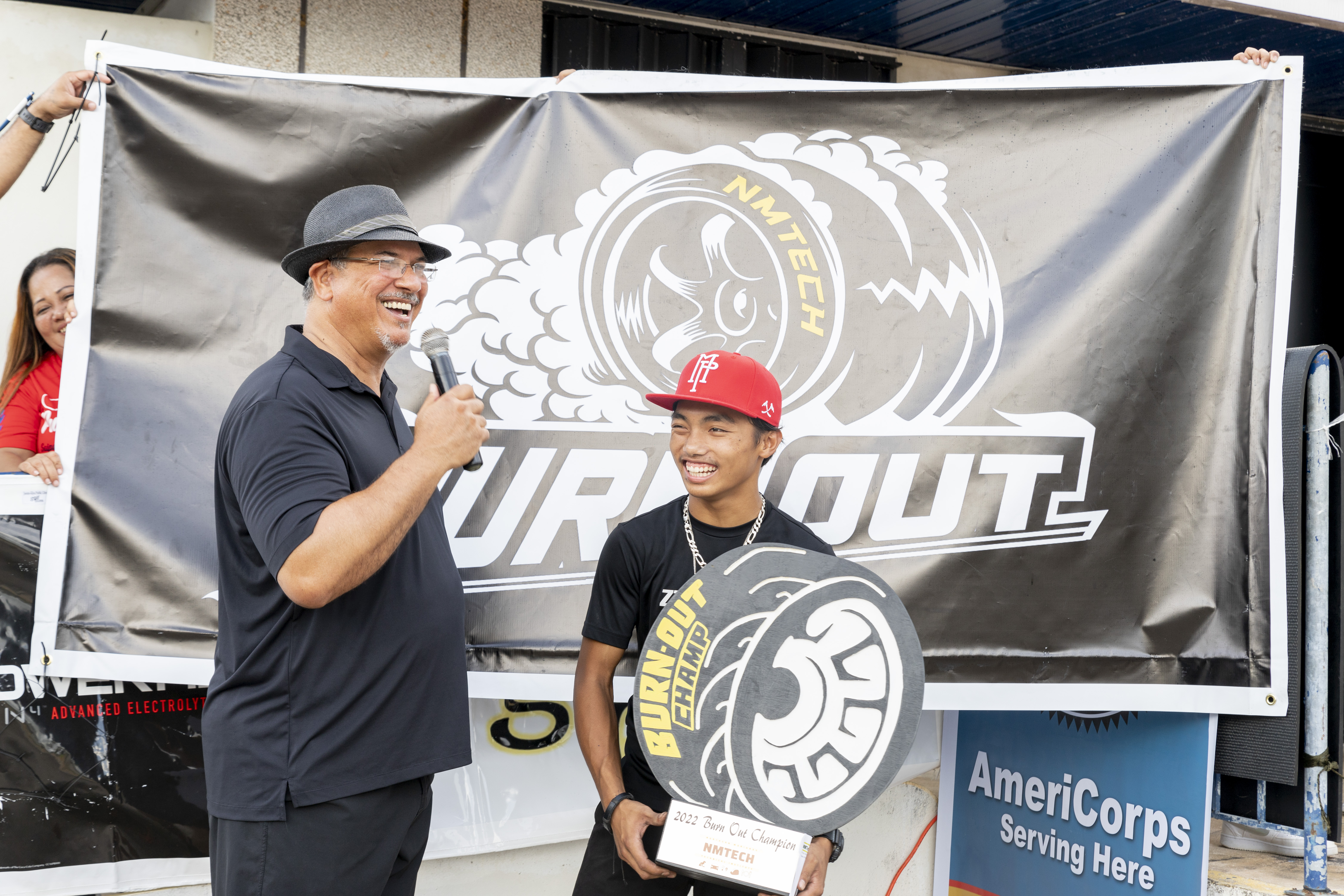 Last year's Burn Out winner, James Salalila, right.
