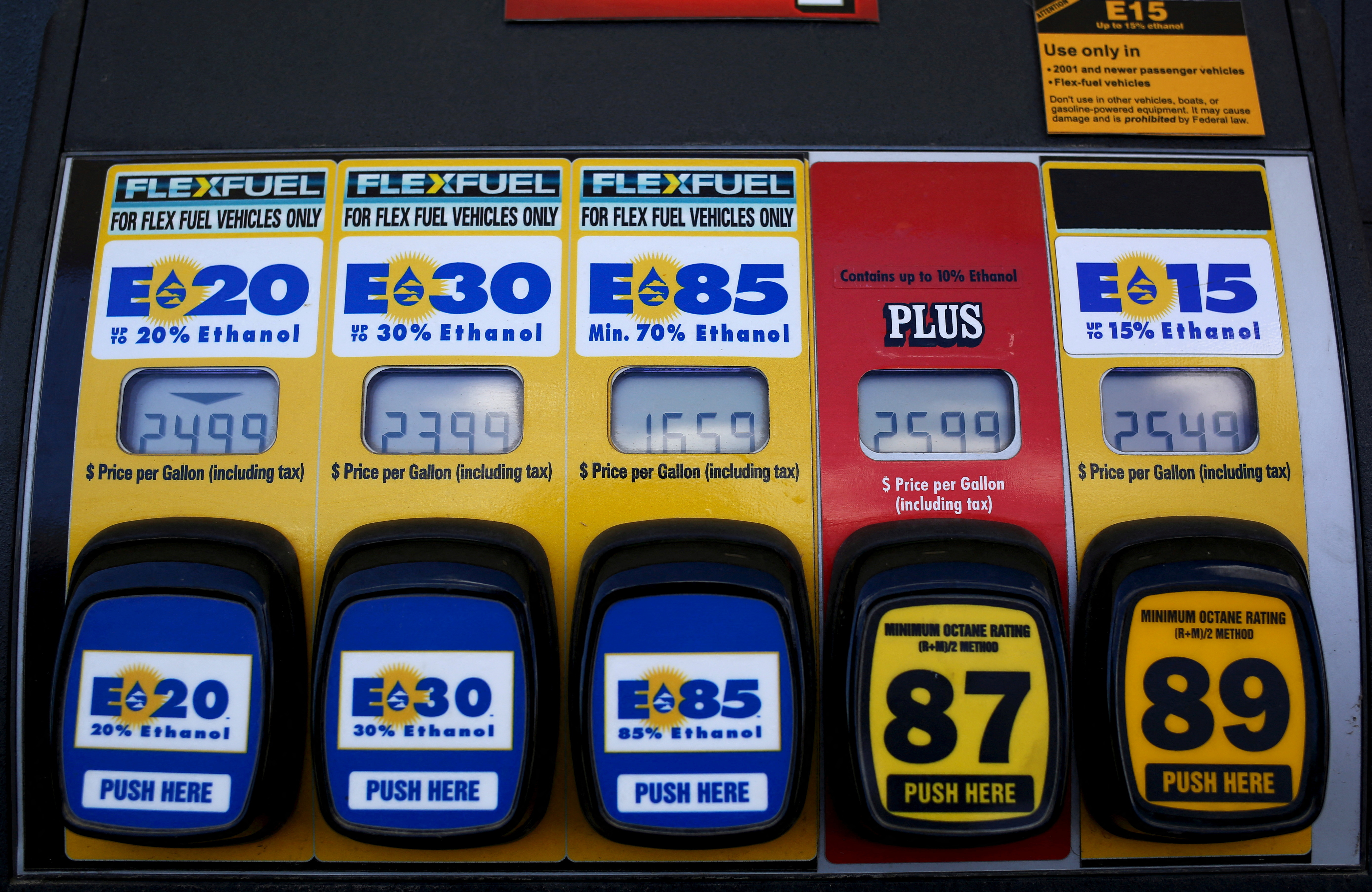 A gas pump displays the price for E15, a gasoline with 15 percent of ethanol, and various other ethanol blends at a gas station in Nevada, Iowa, United States, May 17, 2015. 