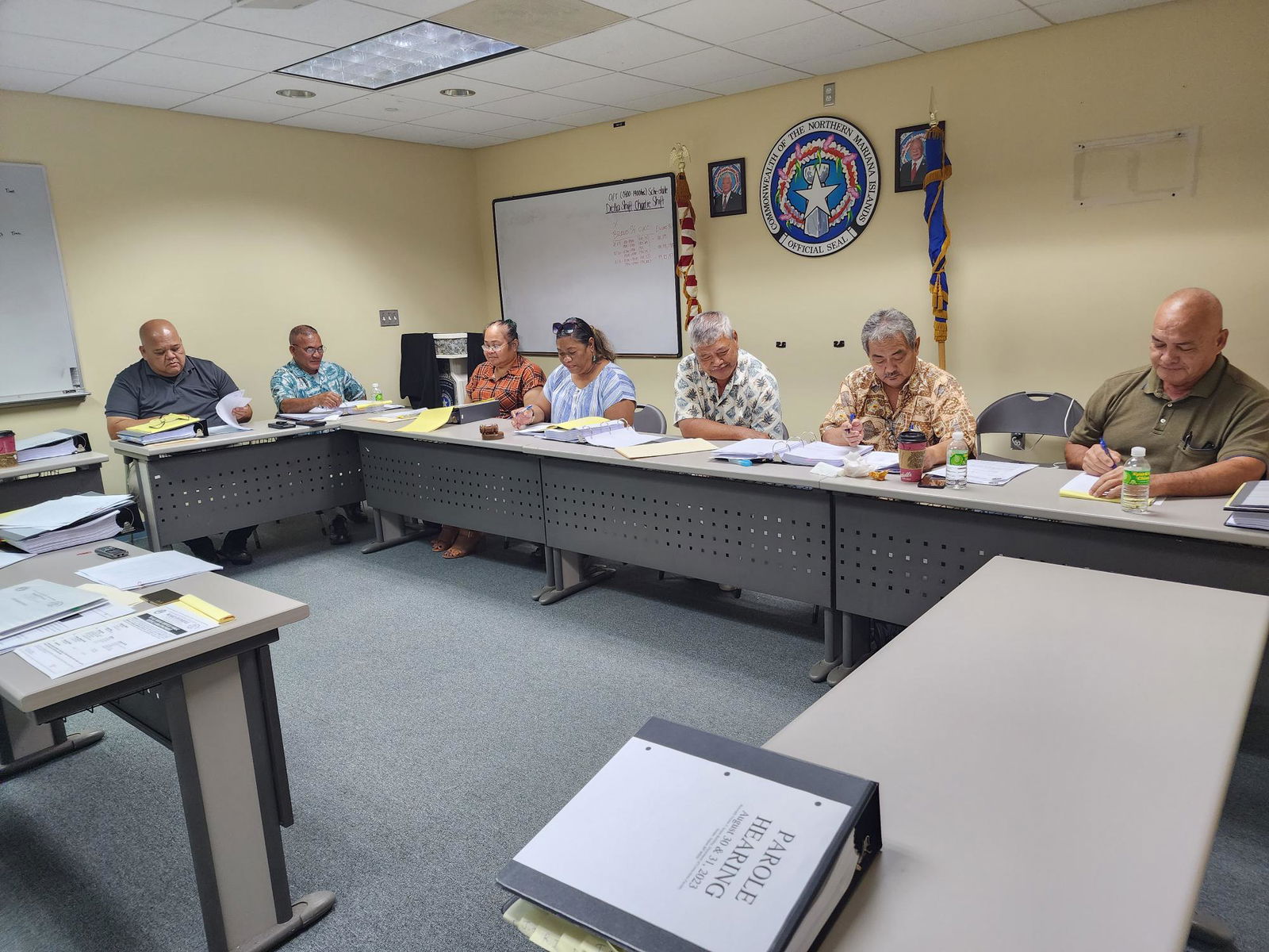 The CNMI Board of Parole members, from left: Anthony Macaranas, Christopher Leon Guerrero, Francine Nekai, Lucinda Selepeo, George Hocog, Vicente Borja and Ignacio Mendiola.     