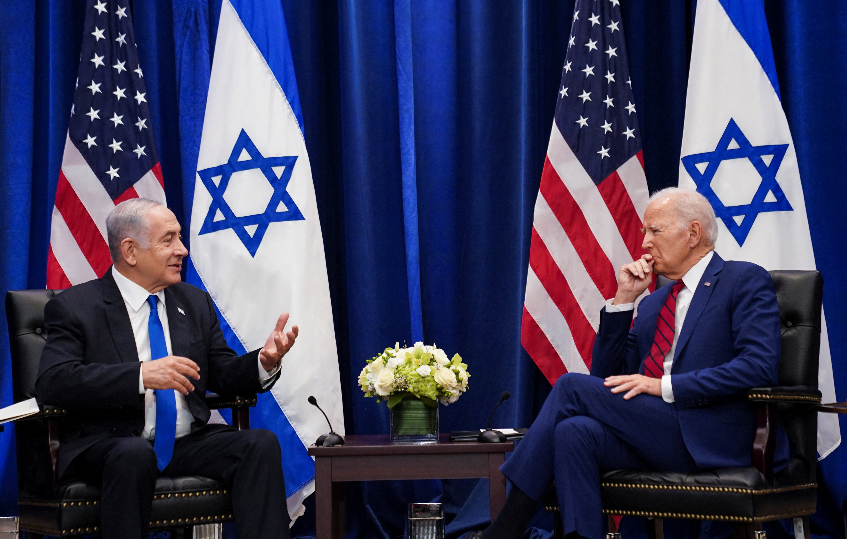 U.S. President Joe Biden listens to Israeli Prime Minister Benjamin Netanyahu during a bilateral meeting on the sidelines of the 78th U.N. General Assembly in New York City, September 20, 2023.
