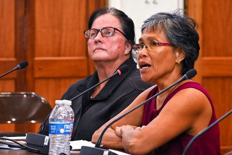 Agnes White, right, testifies against Bill 106-37(LS) and Bill 111-37(LS) during public hearings Wednesday, Sept. 13, 2023, at the Guam Congress Building in Hagåtña.