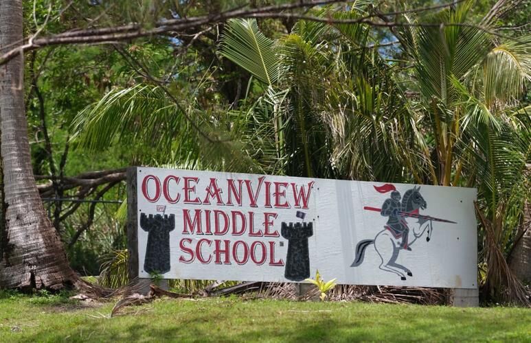 The entrance of Oceanview Middle School is seen July 3, 2023, in Hågat. 