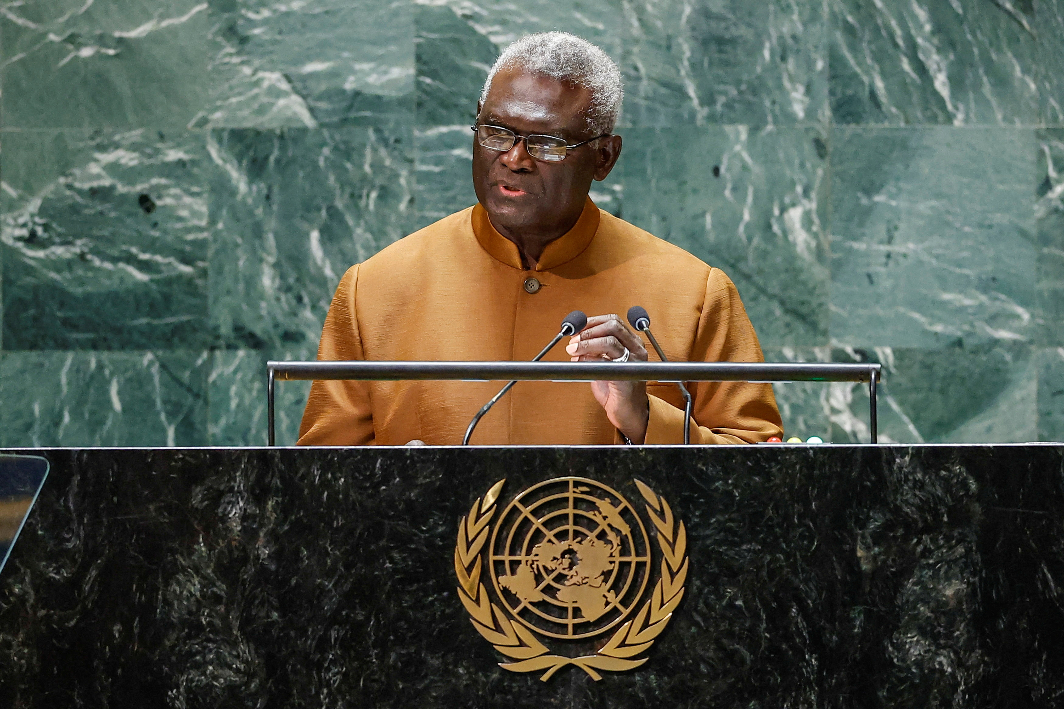 Solomon Islands Prime Minister Manasseh Sogavare addresses the 78th Session of the U.N. General Assembly in New York City, U.S., September 22, 2023. 