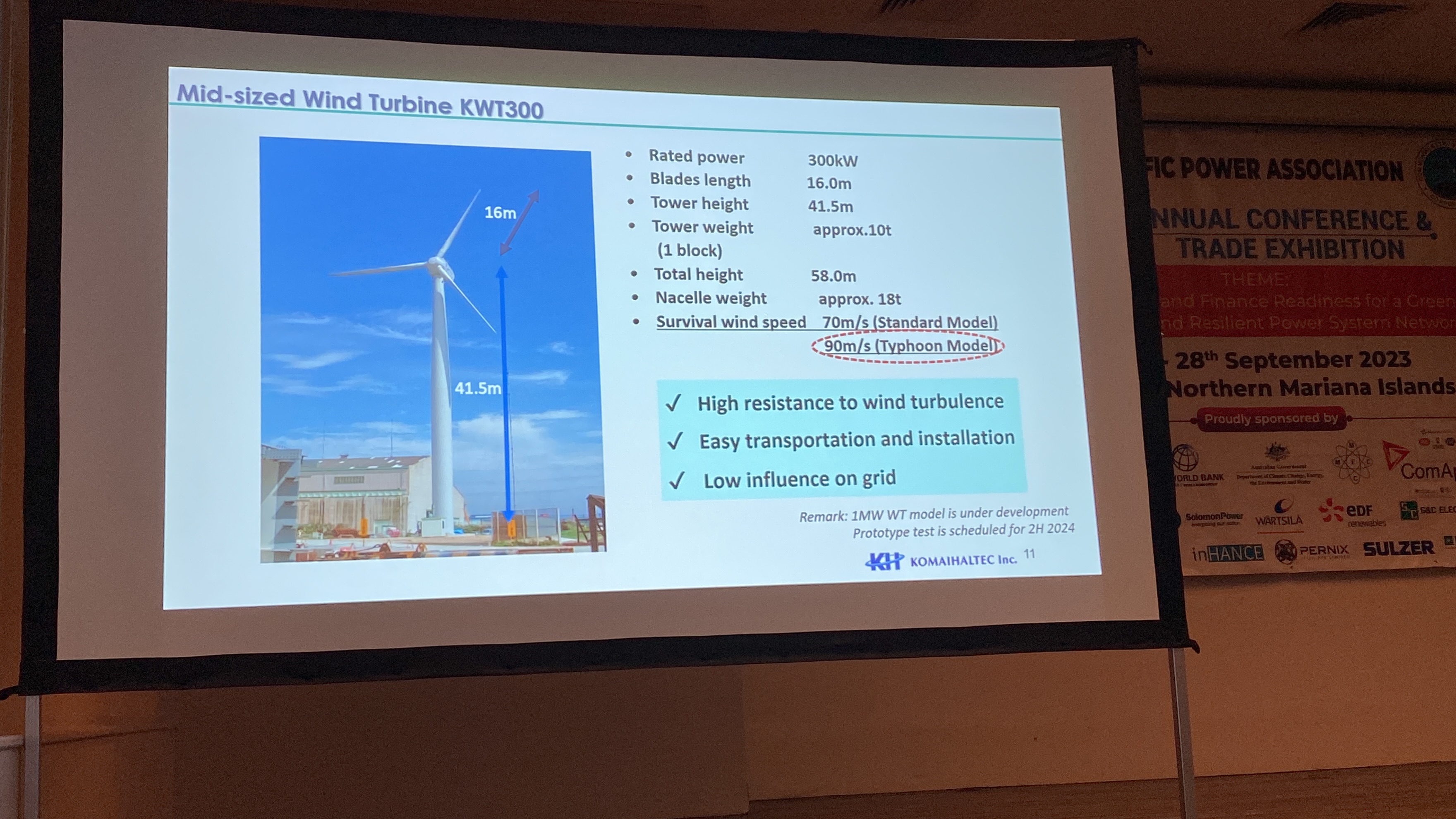 This image shows a 300 KW wind turbine that can withstand typhoon-force winds, according to Ekaterina Zalitko of Komaihaltec Inc.