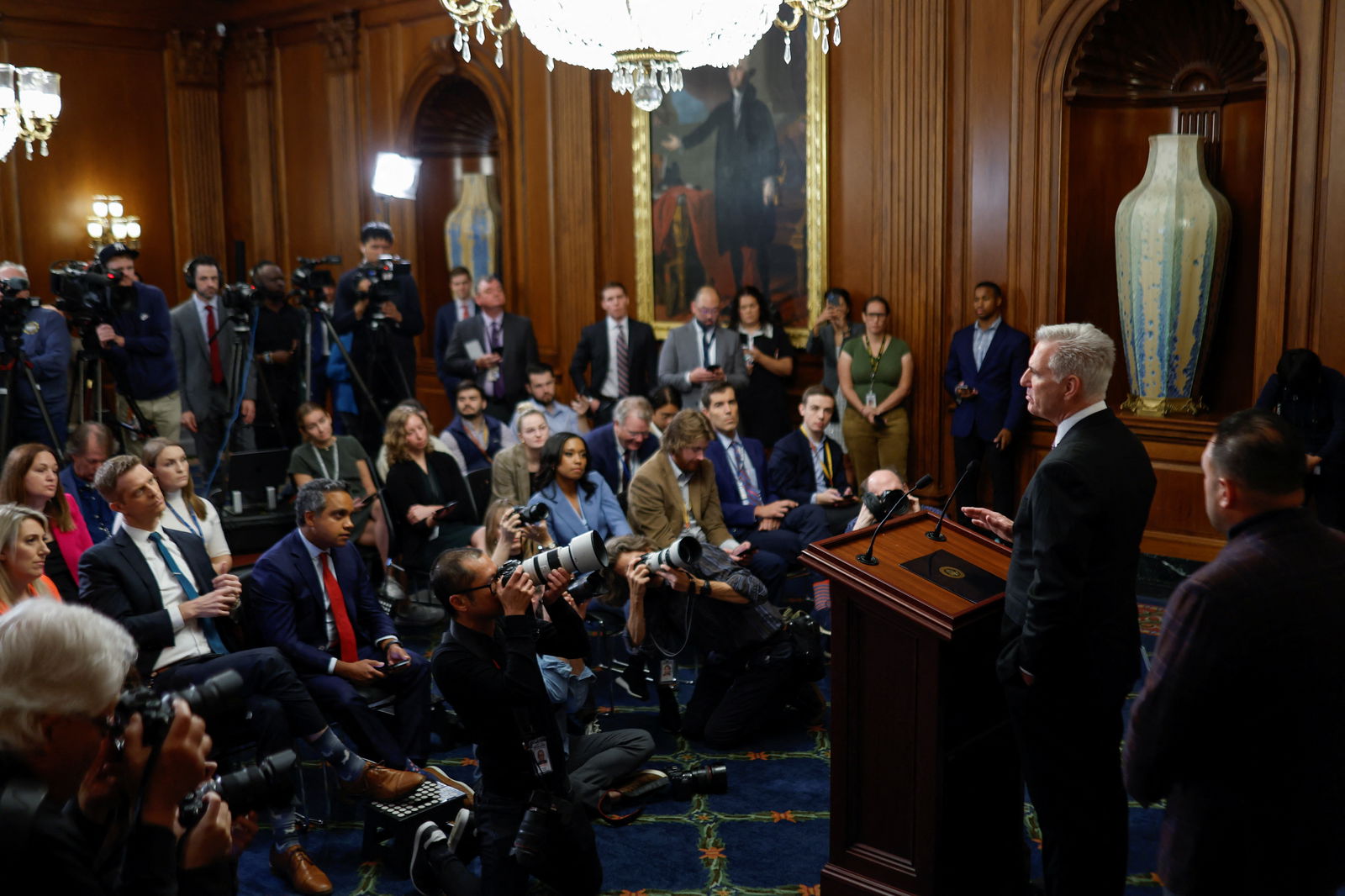 U.S. House Speaker Kevin McCarthy (R-CA) speaks to reporters during a press briefing about a looming shutdown of the U.S. government at the U.S. Capitol in Washington, U.S. September 29, 2023. 