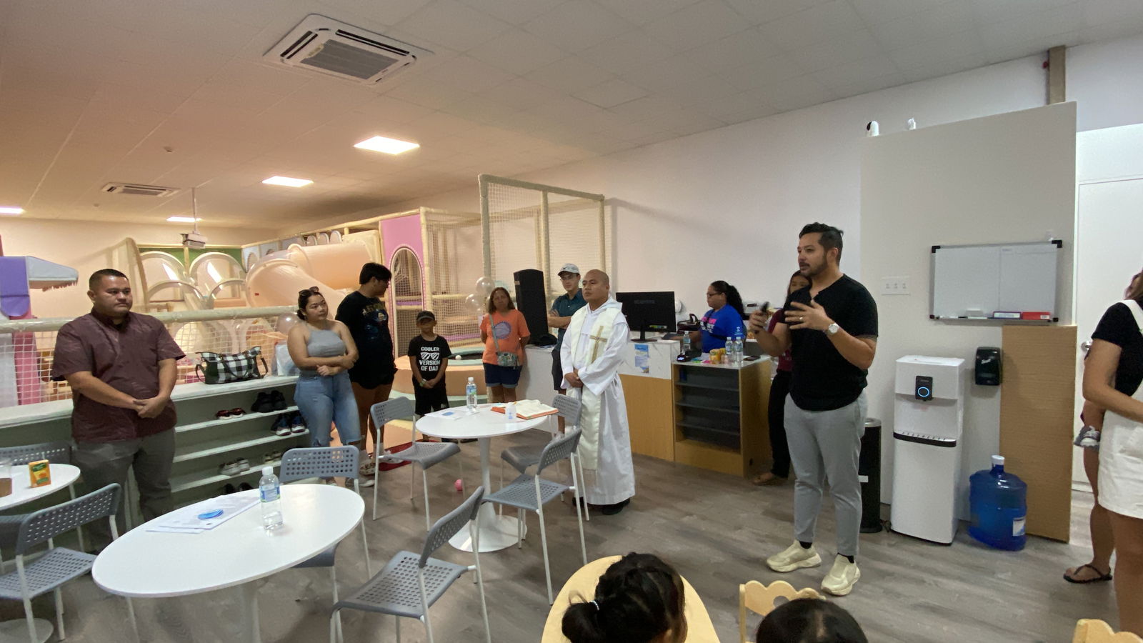 Co-owner Perry Inos Jr. welcomes guests at the official opening of DreamPlay in Chalan Kanoa.