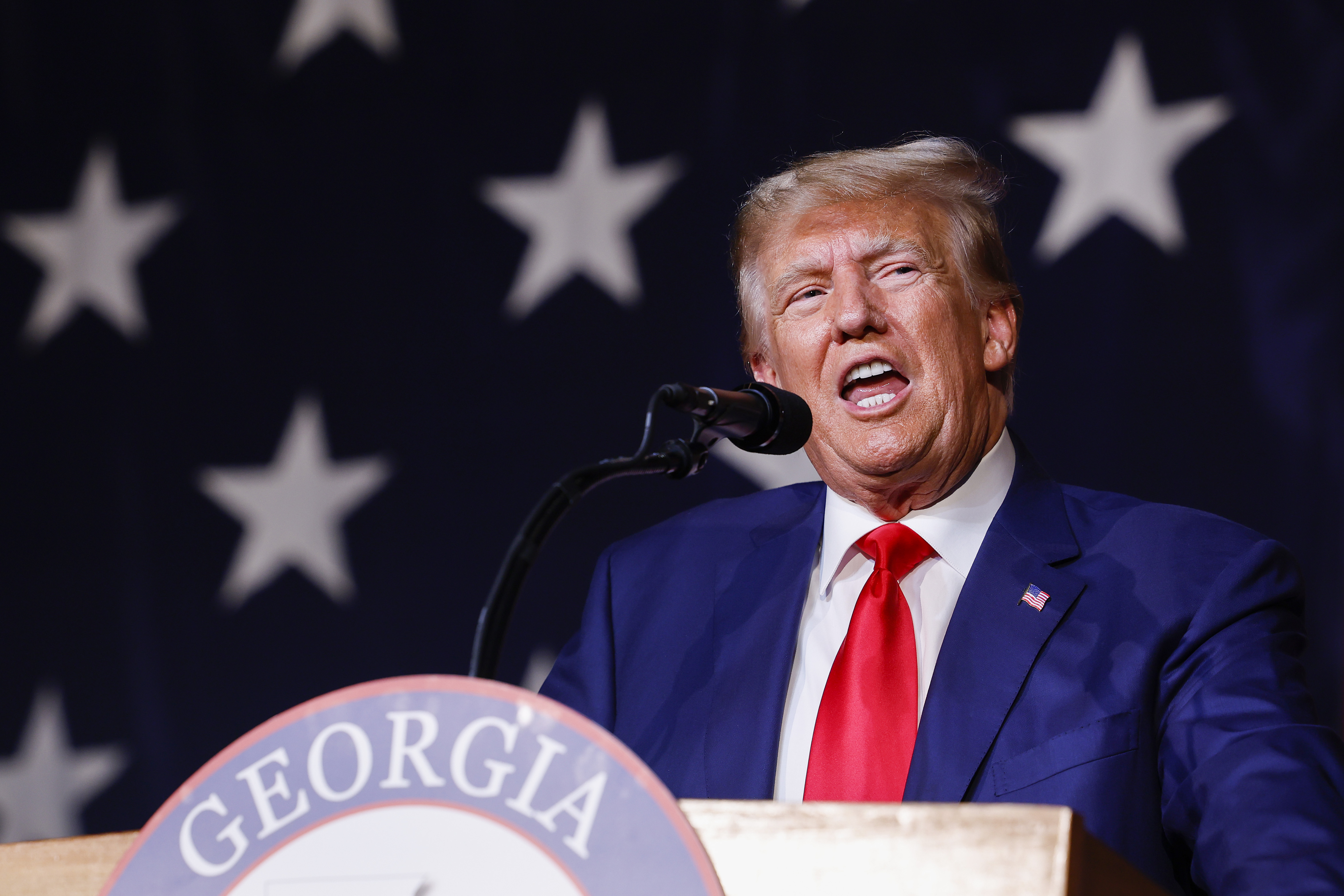 Former President Donald Trump delivers remarks during the Georgia state GOP convention at the Columbus Convention and Trade Center on June 10, 2023, in Columbus, Georgia. (Anna Moneymaker/Getty Images/TNS)