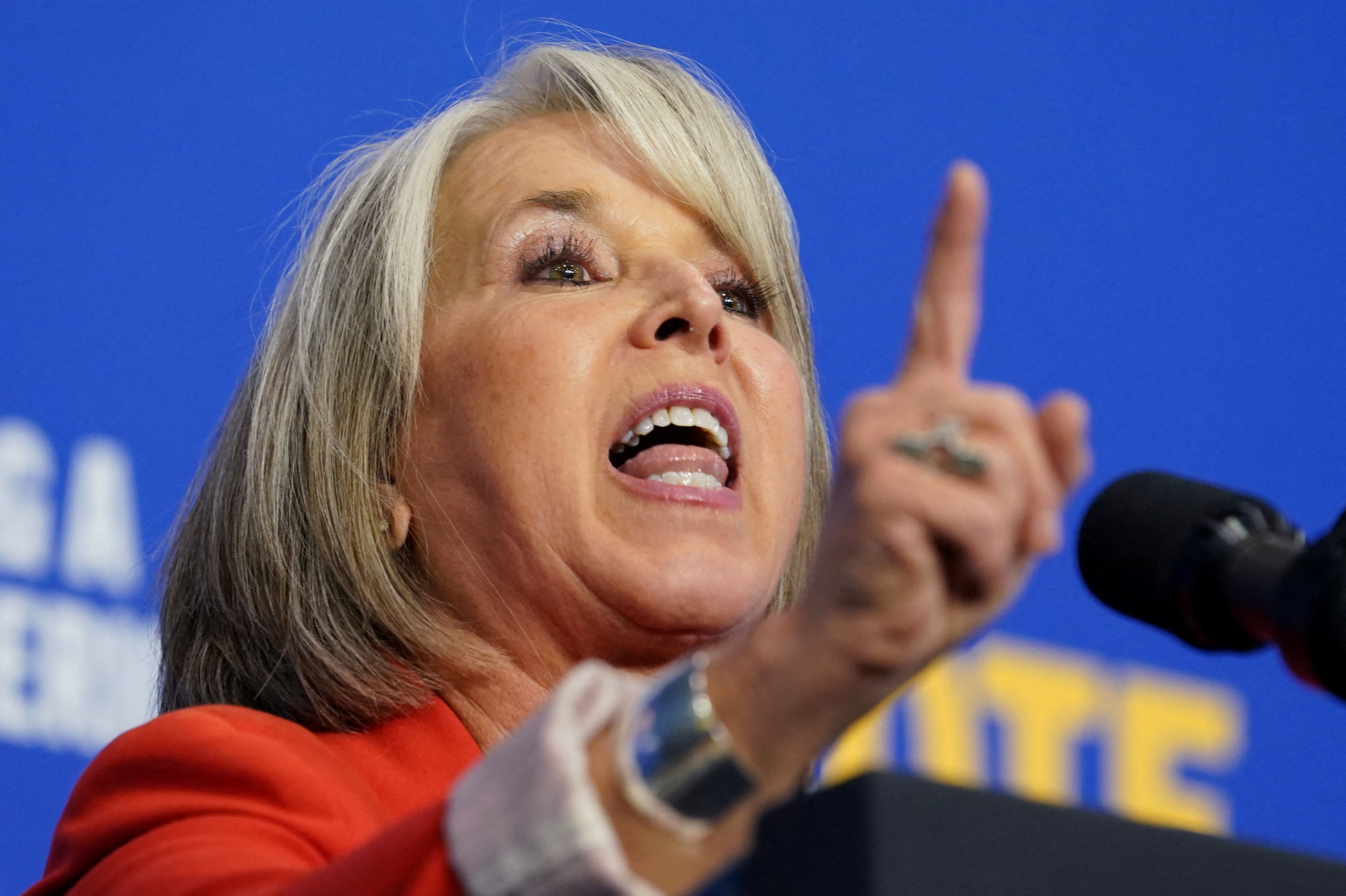 Governor of New Mexico Michelle Lujan Grisham speaks at a Democratic Party of New Mexico campaign rally featuring U.S. President Joe Biden at the Gallegos Community Center in Albuquerque, New Mexico, U.S., November 3, 2022. REUTERS/Kevin Lamarque/File Photo