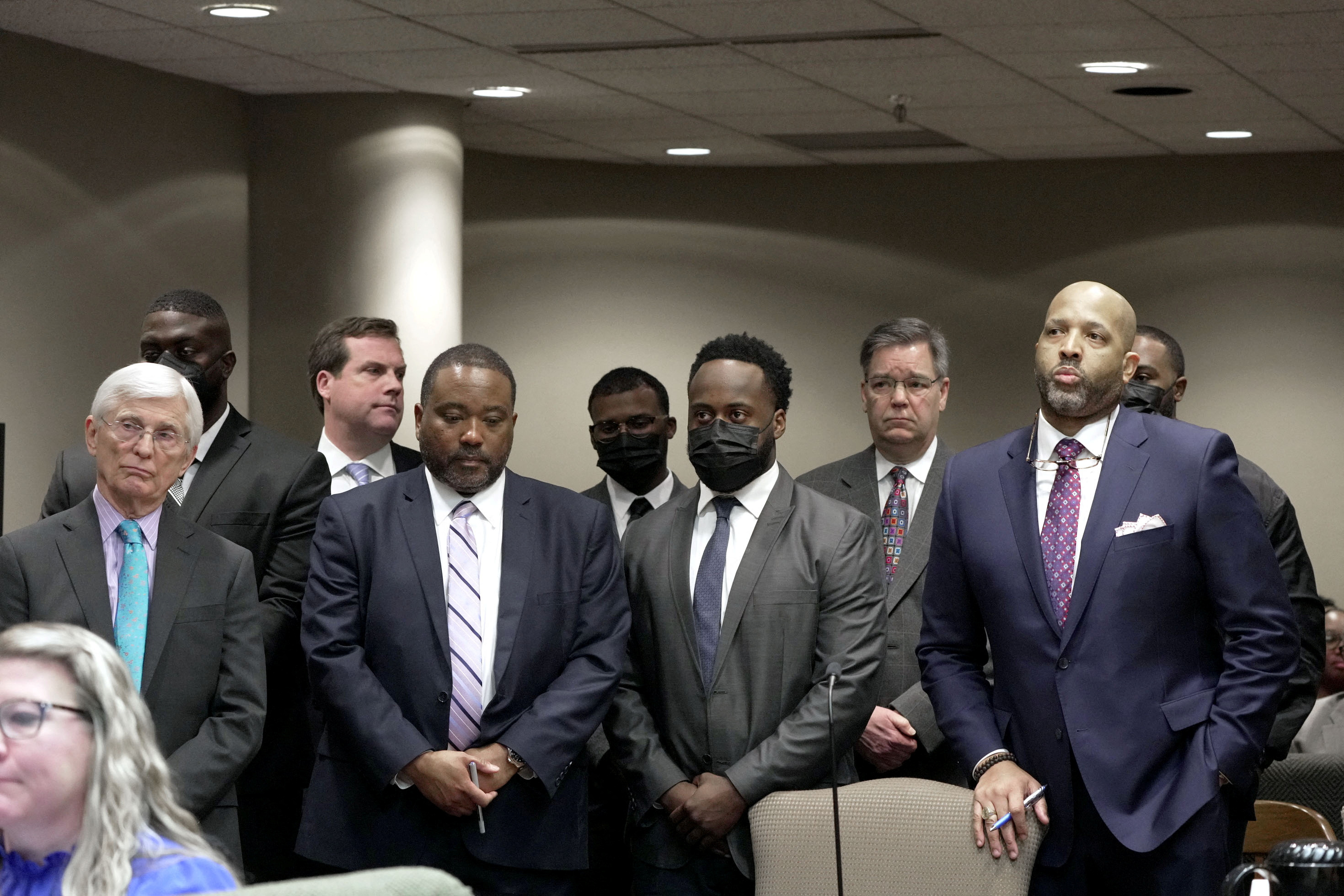 Five former Memphis police officers who have been charged in the fatal beating of Tyre Nichols appear during an arraignment hearing at Shelby County courthouse in Memphis, Tennessee, U.S., February 17, 2023. REUTERS/Karen Pulfer Focht