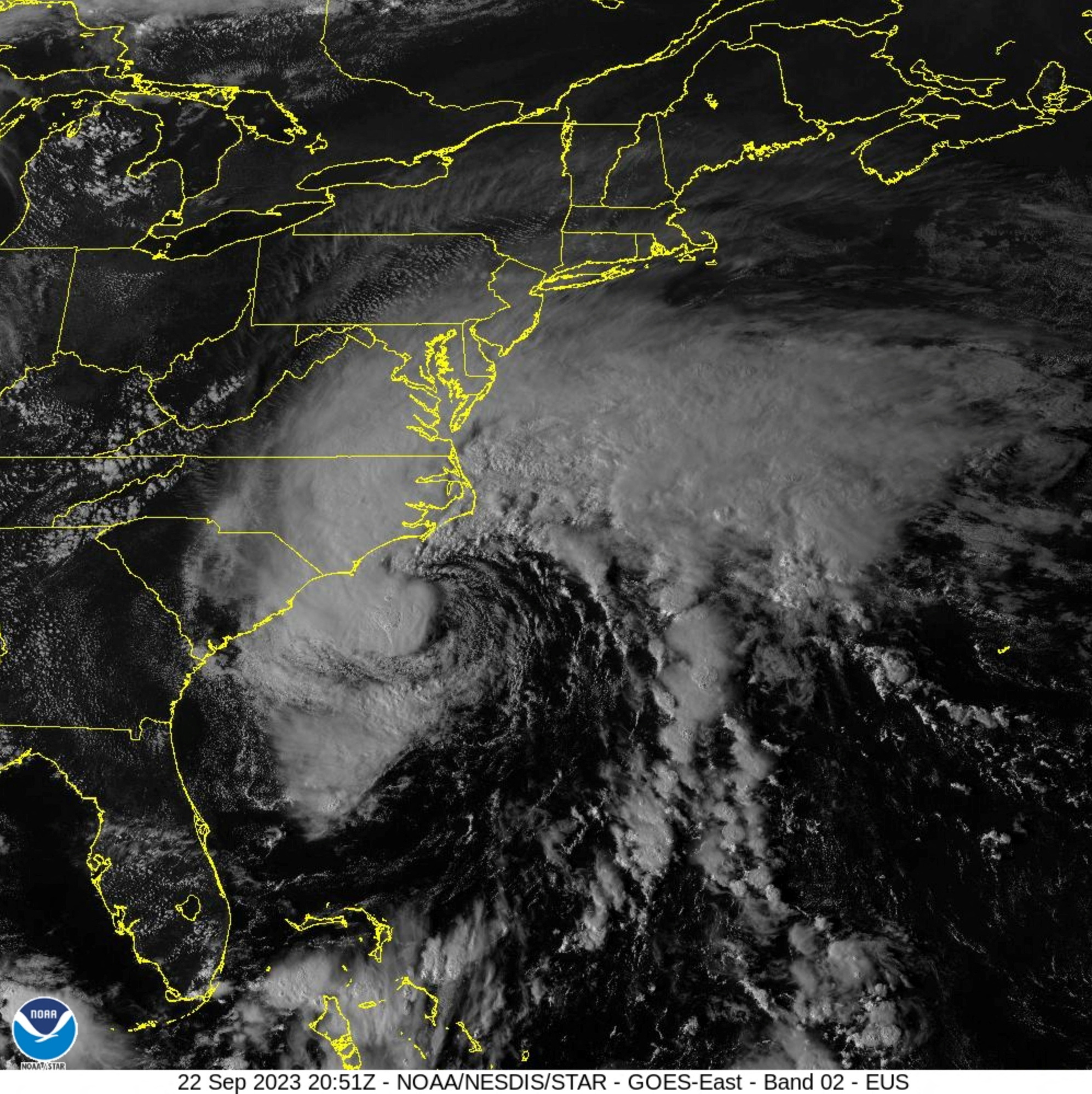 Tropical storm Ophelia approaches North Carolina, South Carolina and Virginia, U.S. in this image from the National Oceanic and Atmospheric Administration (NOAA) GOES-East weather satellite, September 22, 2023. 