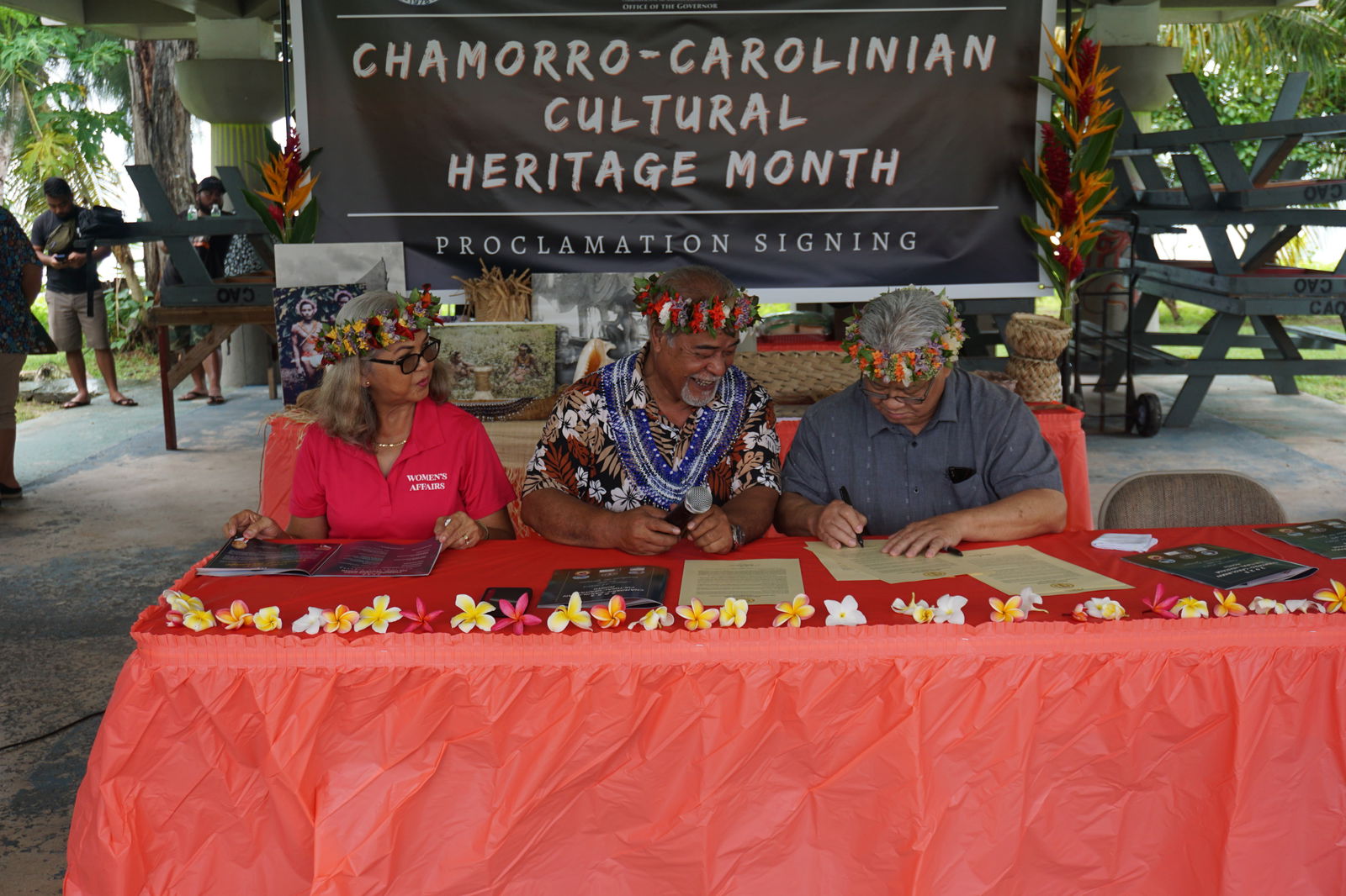 From left, Bobbi Sablan, special assistant for the Women's Affairs Office; Felix Nogis, Carolinian Affairs Office executive assistant; and Gov. Arnold I. Palacios