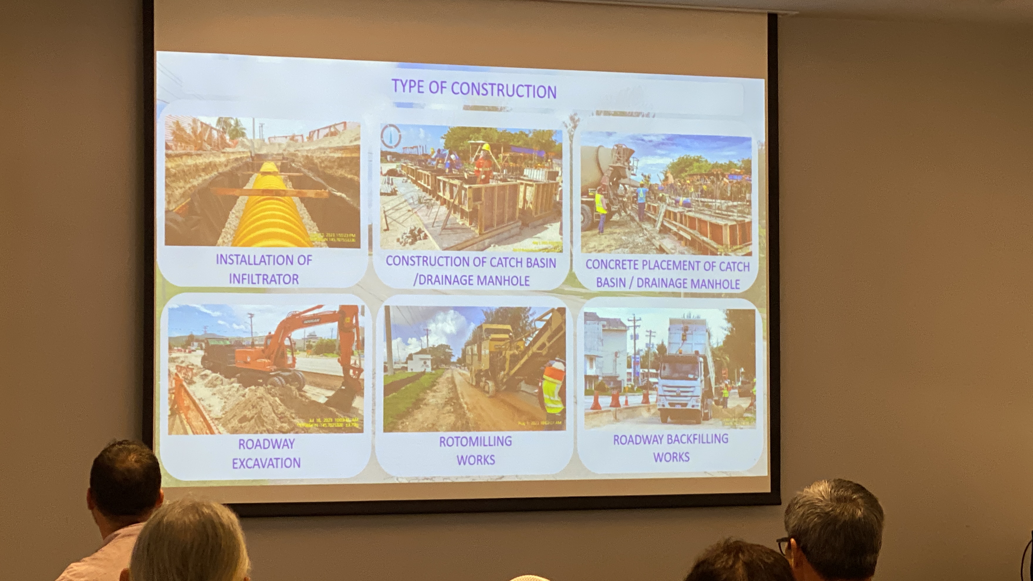 Department of Public Works Secretary Ray Yumul and Senior Highway Engineer Henry Bautista provide updates regarding the Beach Road Improvement Project during a Saipan Chamber of Commerce meeting on Wednesday at Kensington.