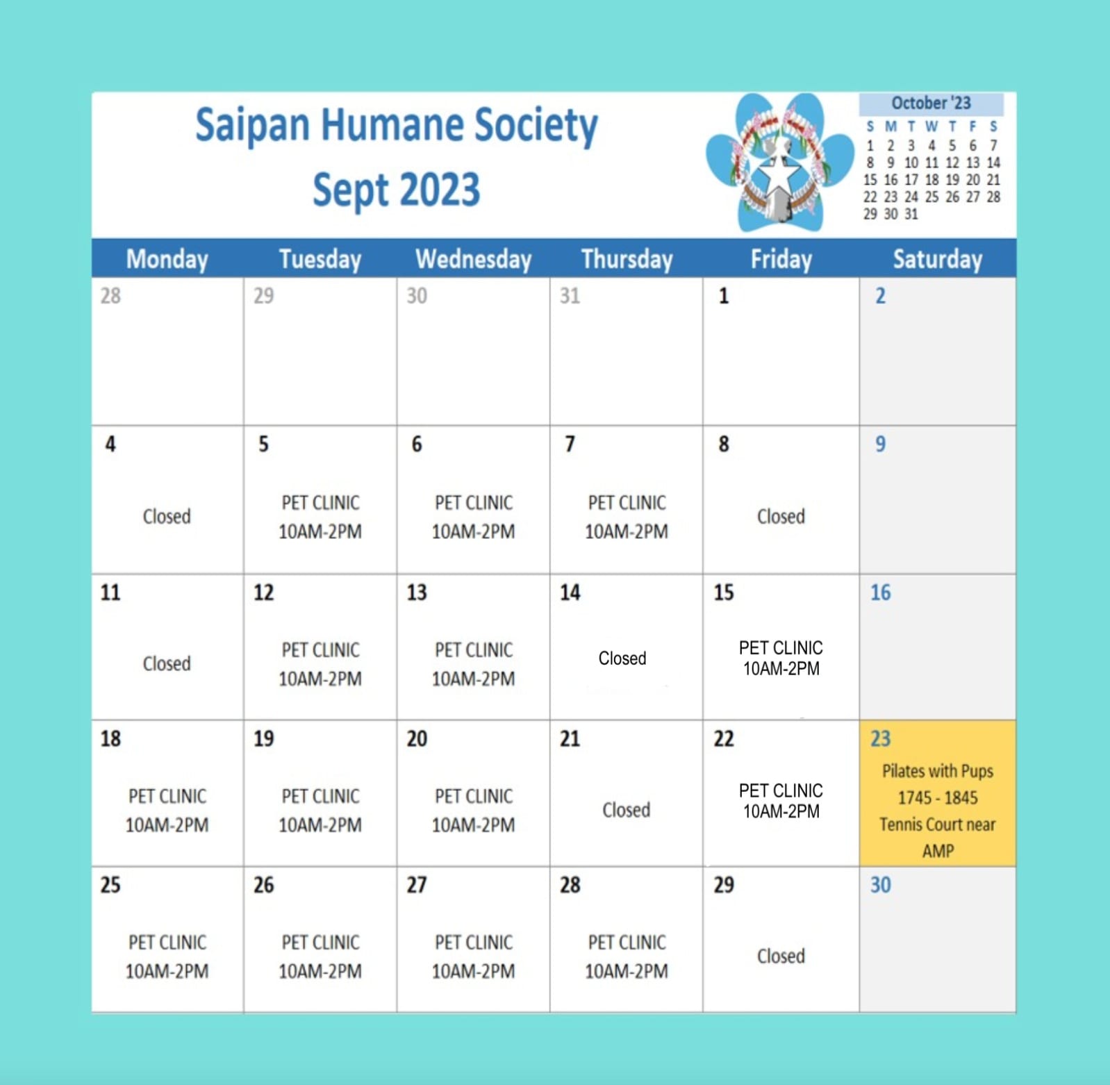 SHS Septemeber schedule