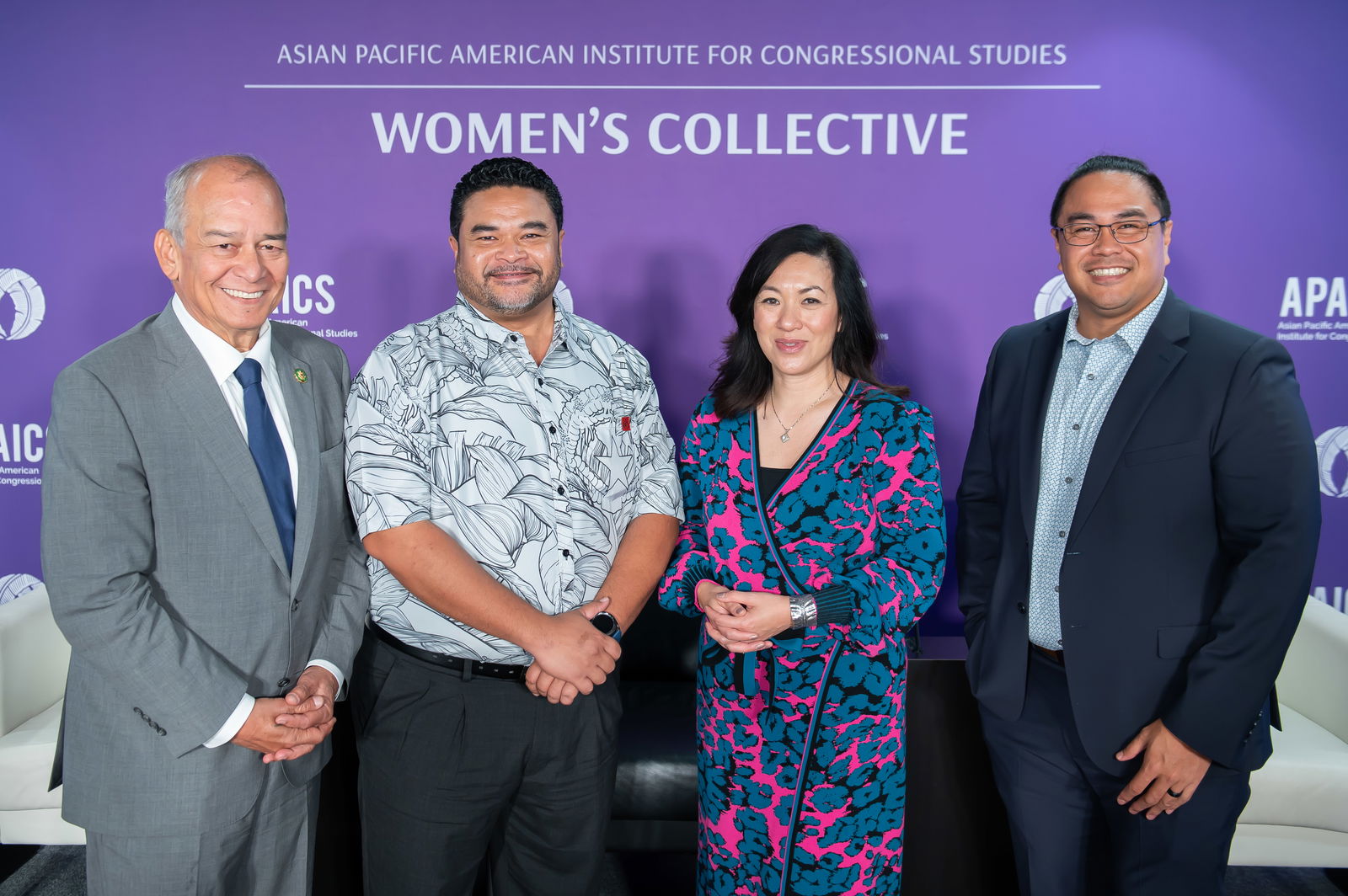 U.S. Congressman Gregorio Kilili Camacho Sablan with Rep. Felicidad T. Ogumoro’s son, Kodep Ogumoro-Uludong, Asian Pacific American Institute for Congressional Studies President and Chief Executive Officer Madalene X. Mielke and Department of the Interior Deputy Assistant Secretary Keone Nakoa at the APAICS Women’s Collective on Thursday, July 27, 2023 in Washington, D.C. 