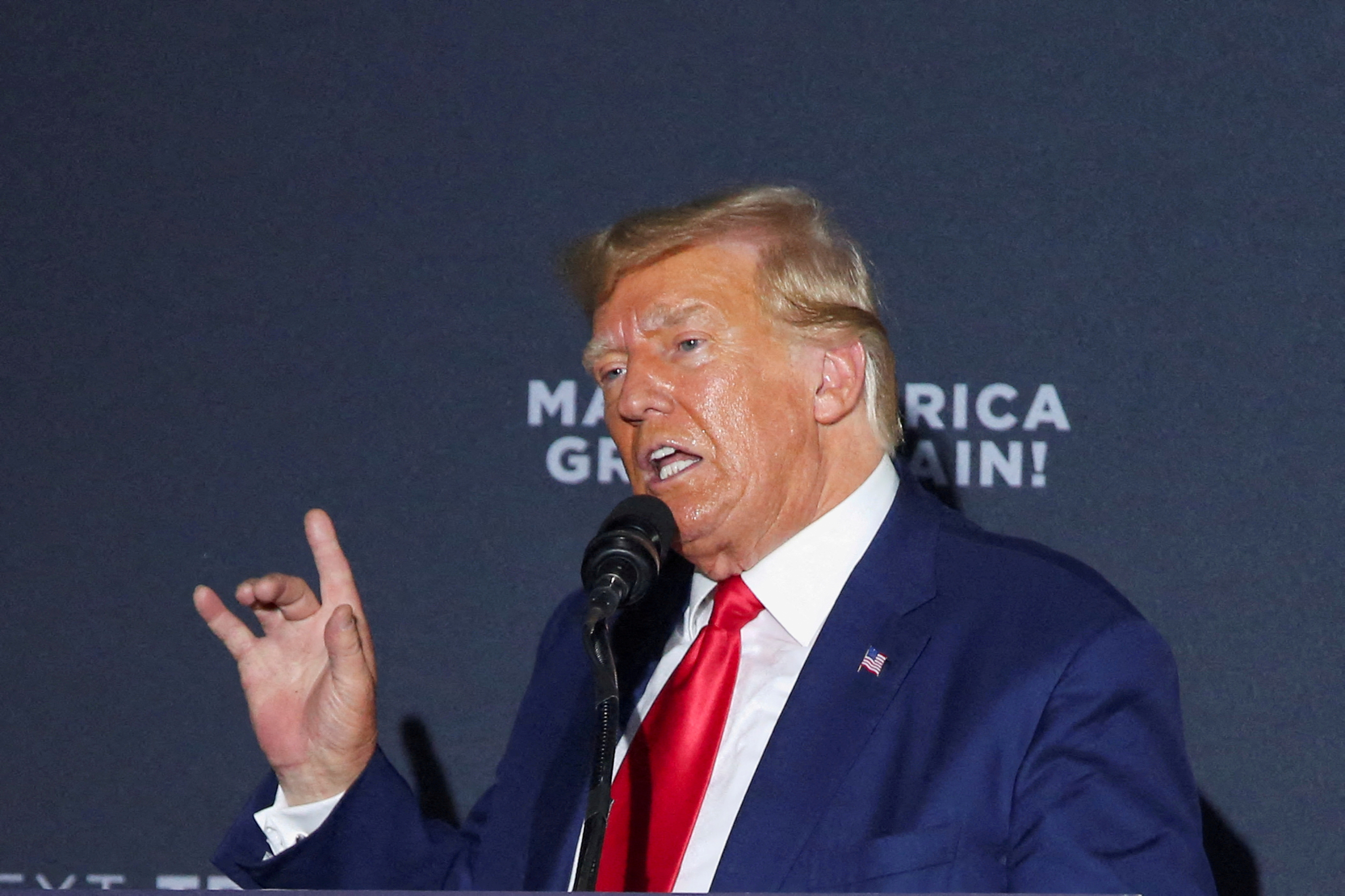 Former U.S. President and Republican presidential candidate Donald Trump speaks during a campaign rally in Windham, New Hampshire, U.S., Aug. 8, 2023. REUTERS/Reba Saldanha/File Photo