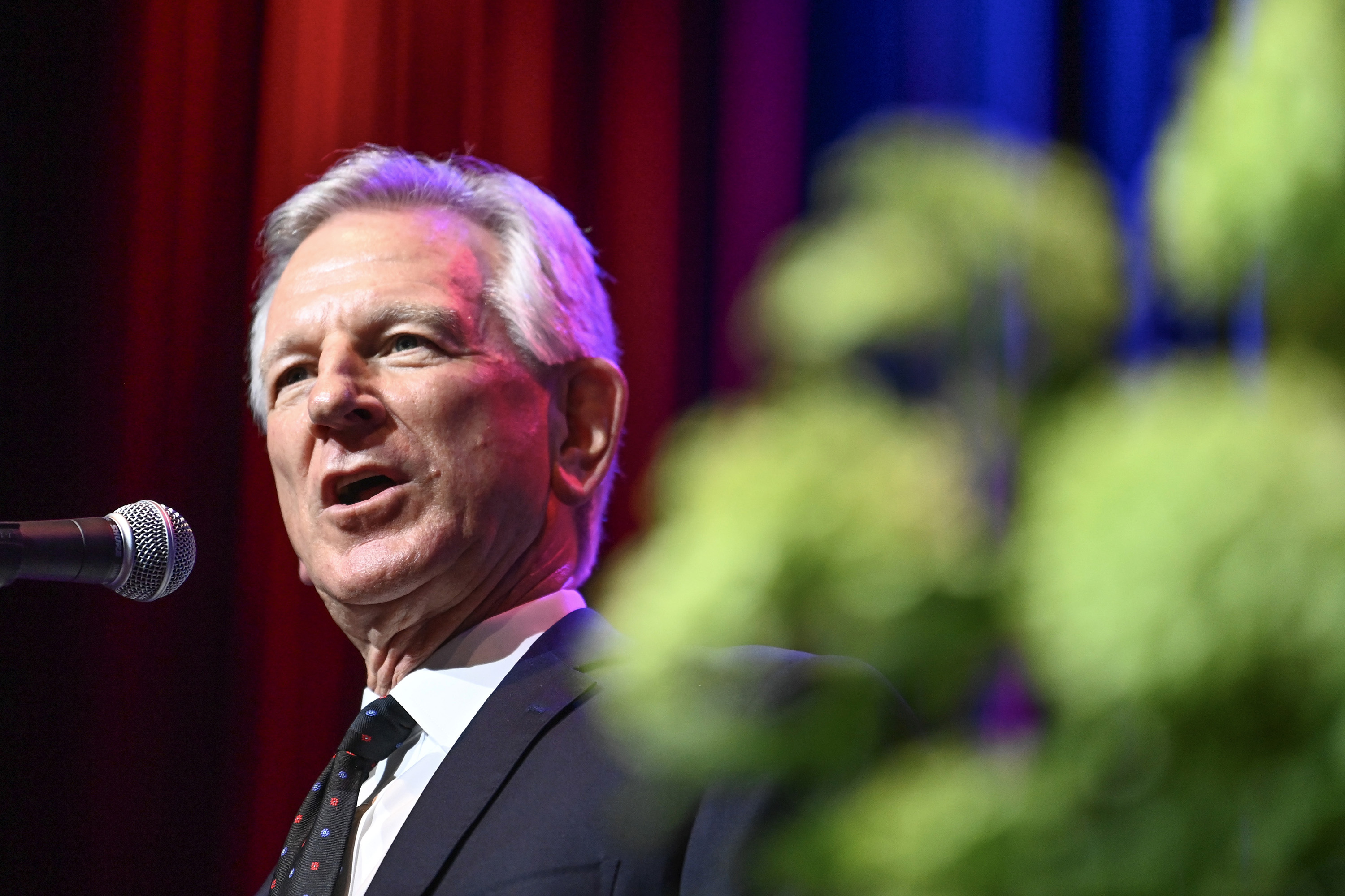 U.S. Sen. Tommy Tuberville (R-Alabama) introduces former U.S. President Donald Trump during the Alabama Republican Partyâ€™s 2023 Summer meeting at the Renaissance Montgomery Hotel on Aug. 4, 2023, in Montgomery, Alabama. (Julie Bennett/Getty Images/TNS)